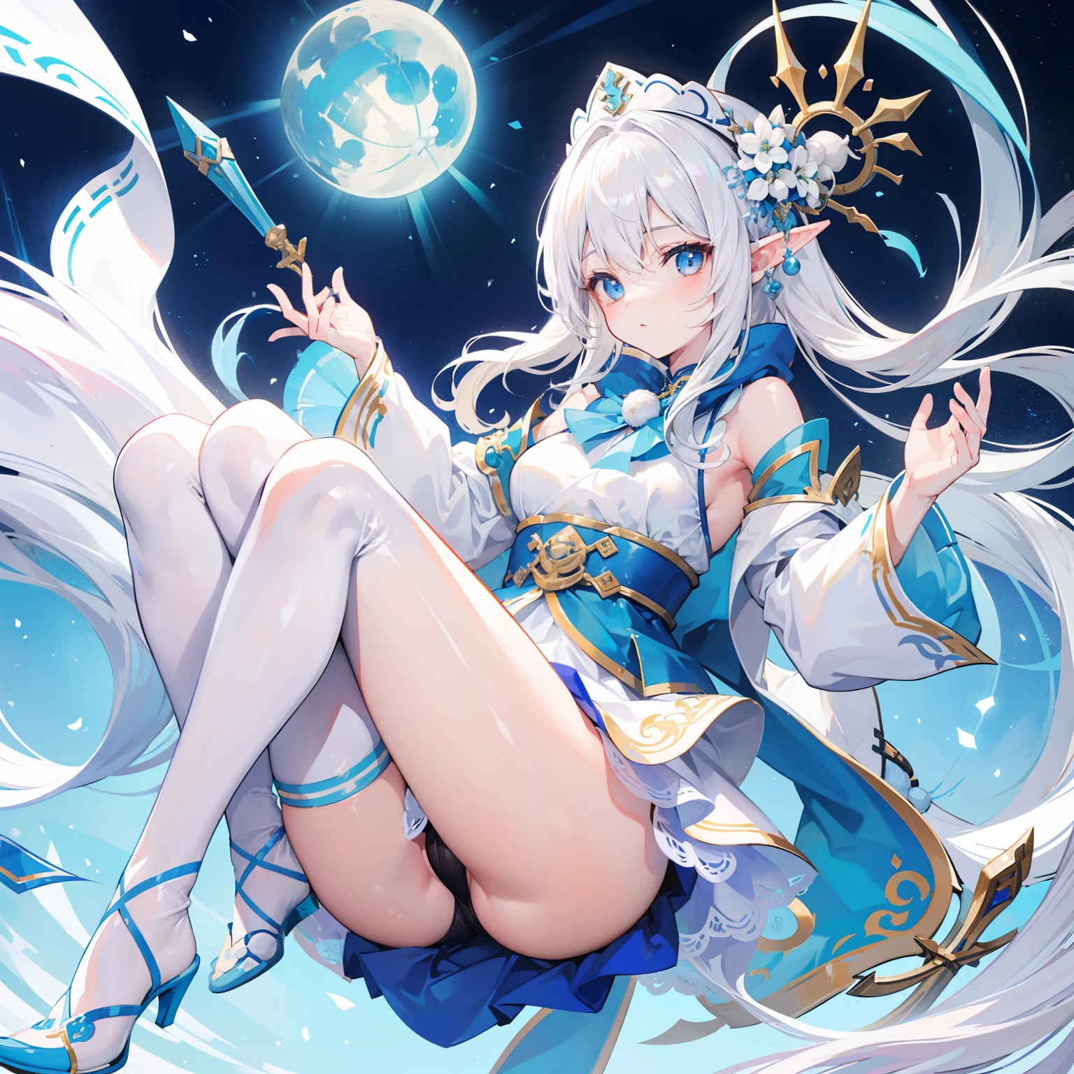 Creamy white hair,Fuzzy clothes,Hairy lute,Blue and white color scheme,Cute as the Jade Rabbit Elf,Precision and flexibility,Beautiful appearance,It's a sweet girl