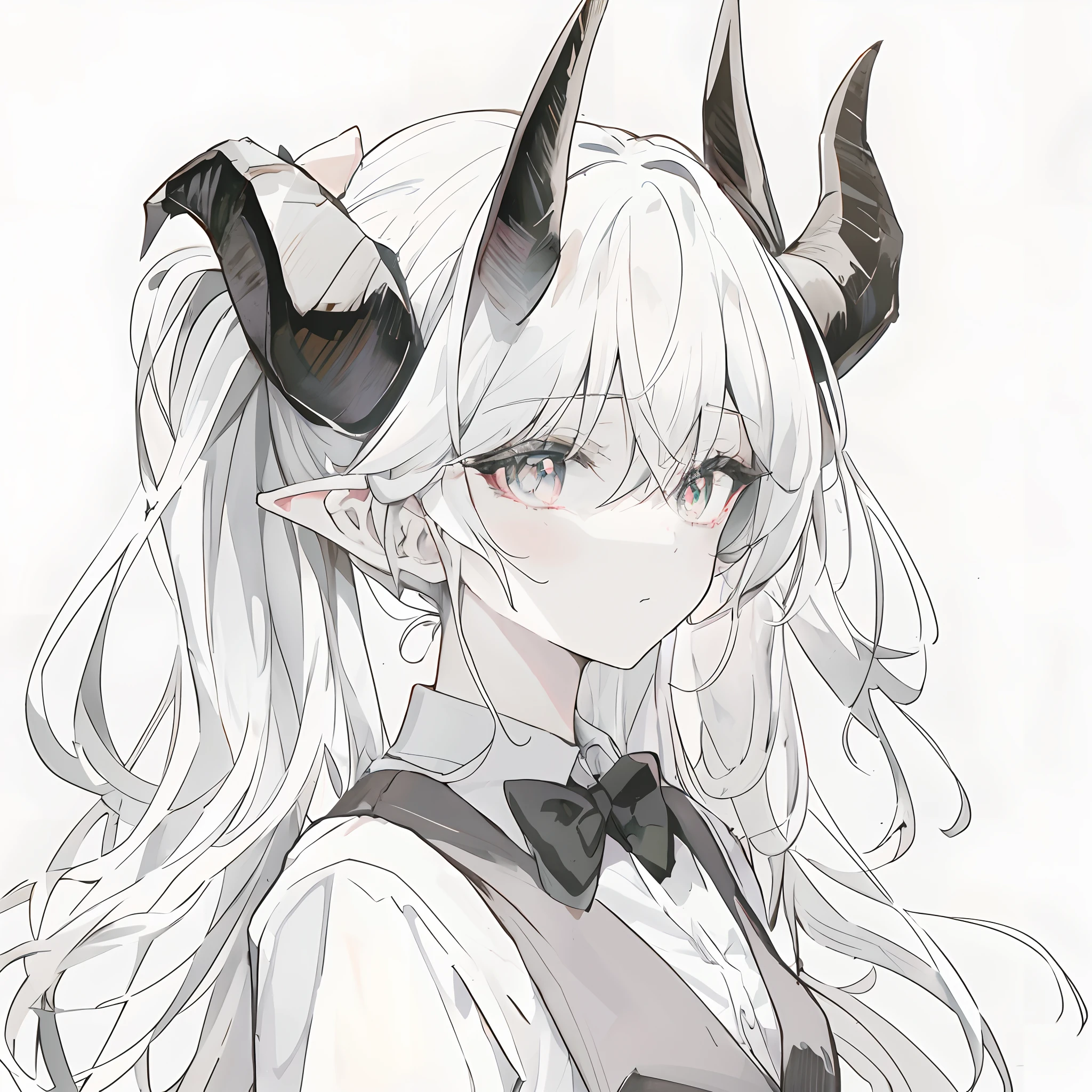 Anime girl with horns and bow tie in white shirt, With horns, girl design lush horns, demon anime girl, cute horns, white horns queen demon, demon white horns, anime girl with cat ears, with black horns instead of ears, portrait of demon girl, Demon Girl, mika kurai demon, Girl with cat ears, devil horns