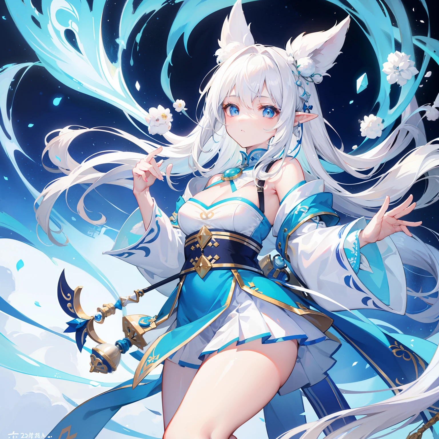 Creamy white hair，Fuzzy clothes，Hairy lute，Blue and white color scheme，Cute as the Jade Rabbit Elf，Precision and flexibility，Beautiful appearance，It's a sweet girl