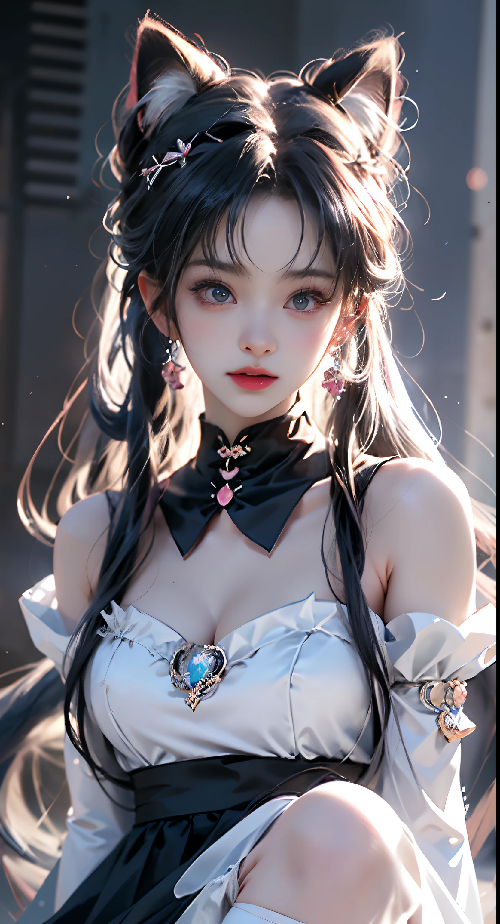 Sexy costume, long hair, long low neckline, nurse hat, eyeballs, big eyes, cat ears, makeup, surrealism, surrealism, contemporary art, realism, image fill, silhouette, chiaroscuro, first-person perspective, f/1.8, UHD, masterpiece, 16k, 8k --auto --s2
