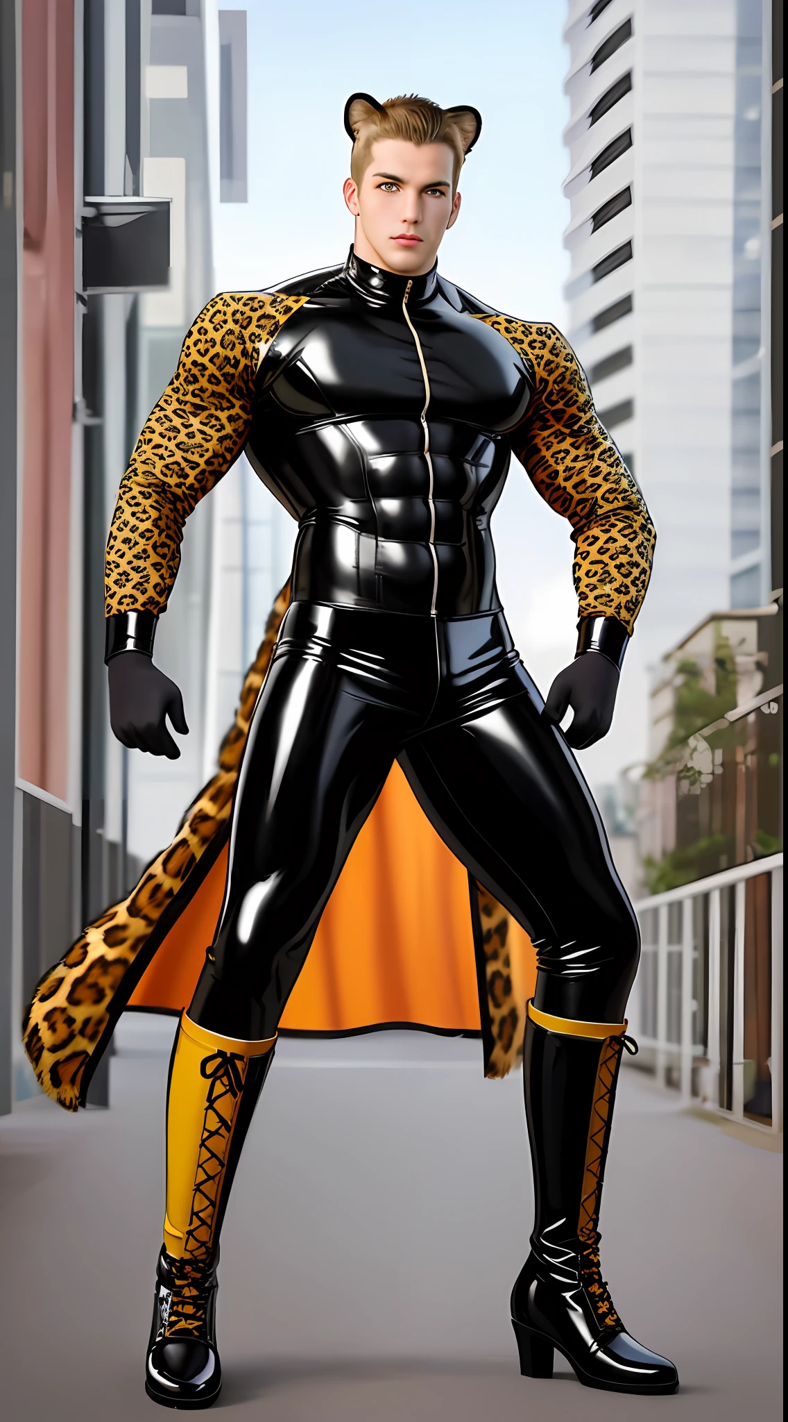 juvenile sense,shoun,Male characters show their faces,Full body color latex set,Latex pants are clearly depicted,musculous,Full body photo,Sexy tights,Wear latex clothing all over,Shiny latex coat,Over-the-knee boots,Flat boots,Boy student,Leopard pattern,large muscle,Muscular men's clothes are hairy,Leopard tail