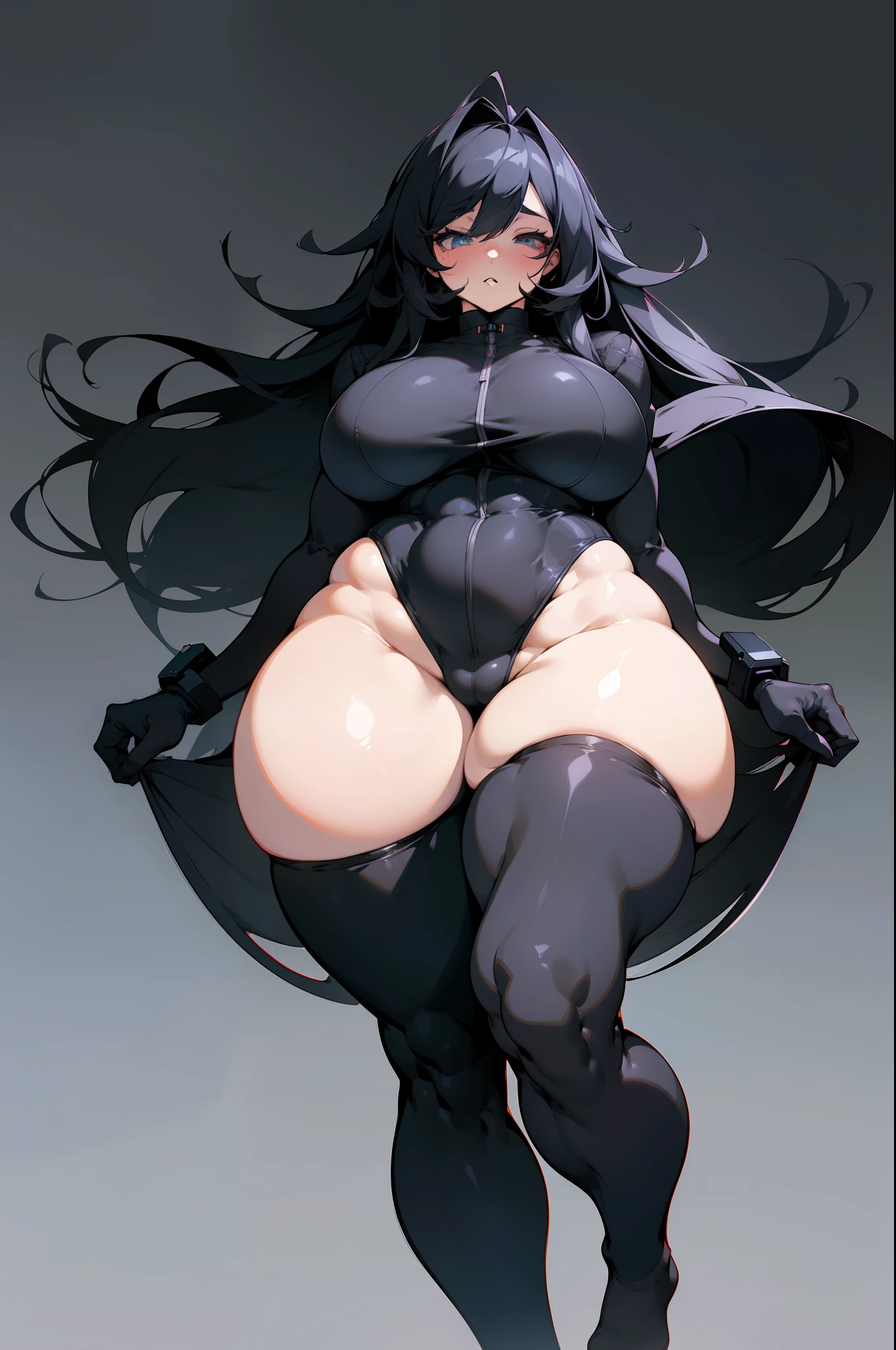 anime character with a huge ass in a black outfit, thicc, fullbody commission for, commission for high res, thick smooth warframe thighs, large thighs, full body portrait of a short!, oppai cyberpunk, insanely inflated hips, thick black lineart, (sfw) safe for work, lowres, heavy exaggerated proportions, full body!!!, thick