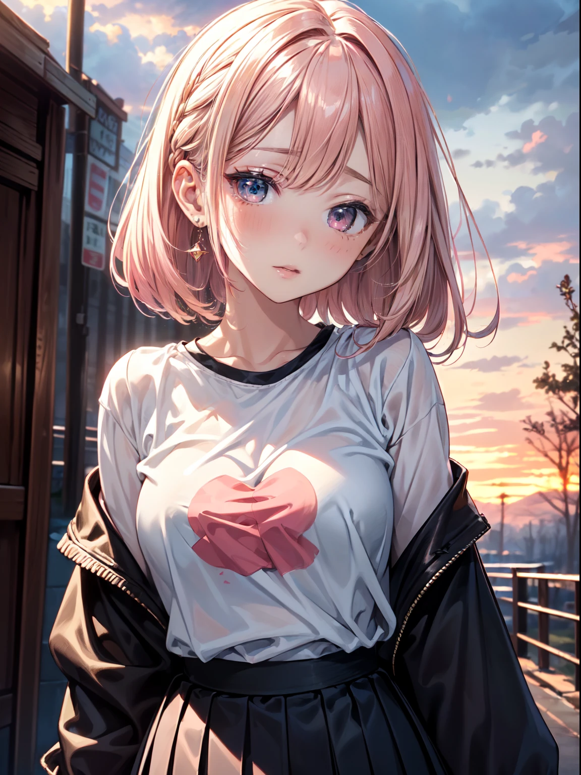 ((masterpiece+best quality+high resolution+illustration1.3+ultra 8k)), 1girl, ((detailed body)) ((attractive face)), short pink hair, pink shar eyes, silky hair, attractive eyes, blush, erotica, blue tshirt, black skirt, outdoor, fantasy cloud, cloudy weather , earrings detailed, focus, lighting