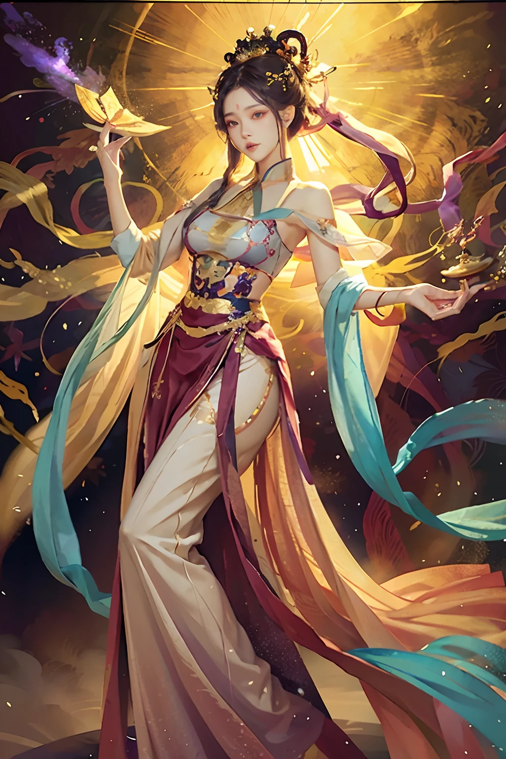 （tmasterpiece，top Quority，best qualtiy，extremy detailed，highest details，offcial art，Beauty and aesthetics：1.2），rich colourful，Full body photo，beauitful face，独奏，Perfect body，On the clouds of the sky，faeries，blue hairs，Flowing streamers，suns rays，Yunxia，full bodyesbian，Hanfu，Chinese clothes，white dresses，Eau，glowworm，the night，starrysky，jewely，Feathers on dresses，Peacock feathers，light particules，Volumetriclighting，Ray traching（Flowing streamers：1.1），（Fantasy novels：1.2），Illuminator，As estrelas，fanciful，hight contrast，Ink strokes，over exposure，Impression of purple and red tones，abstracted，（（Watercolor by John Berkey and Jeremy Man））Brush Strokes，