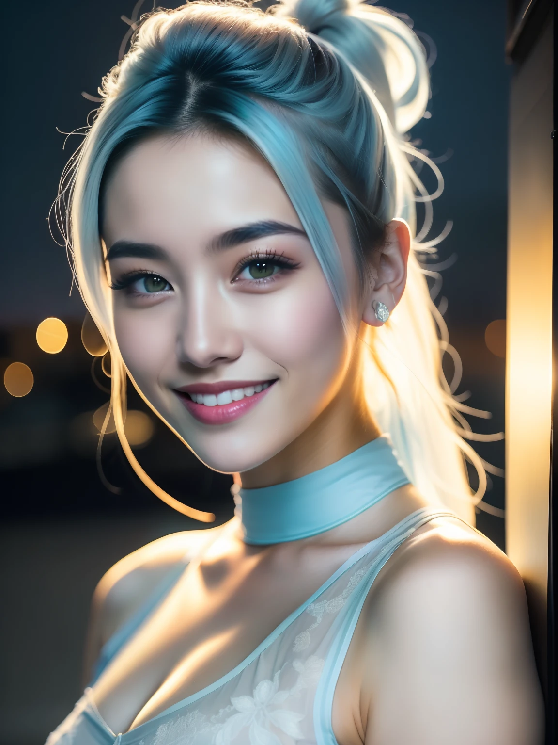 nighttime scene、Close up photo of sexy、the pose、Looking at the camera and smiling、Light blue ponytail hair、(verd s eyes:0.8)、Cute young face、Soft volume light、(back lighting:1.3)、(cinematic:1.3)、intricate detailes、(art stations:1.2)sixteen years old.