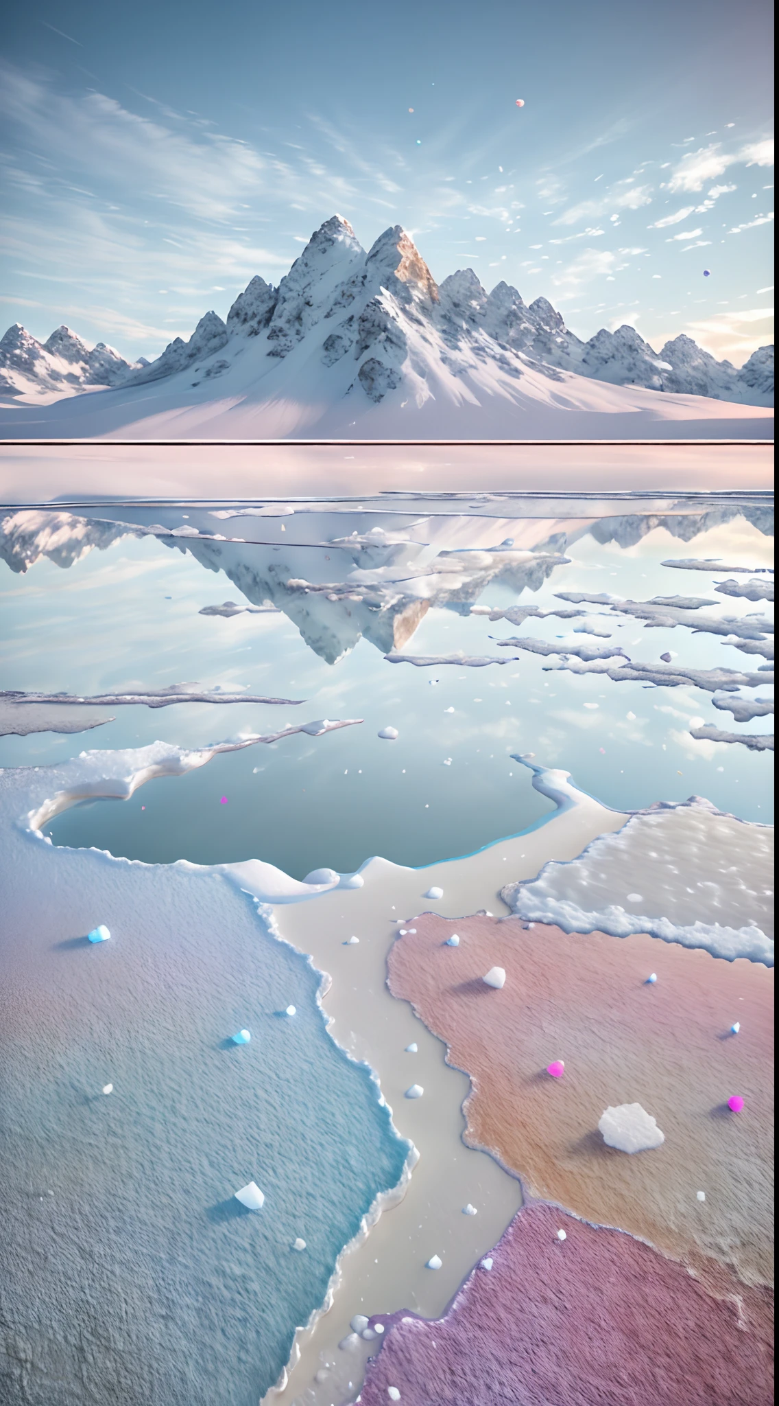 low  angle shot，photography of，White salt flats，Otherworldly landscape style，Photorealistic landscape，Pale pink and light blue，Confetti-like dots，desolate scenery，hasselblad h6d-400c，Nature-inspired installation，no reflection，IS0800，8k，cinematic ligh，Hitoko Kawaguchi