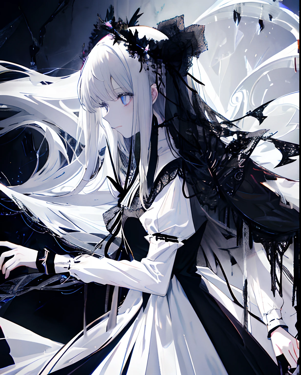 The eyes are dark,darkly,HD resolution and intricate details,full bodyesbian,Anime girl wearing white dress,Dark colors,Double,Two age girls,Angels and demons