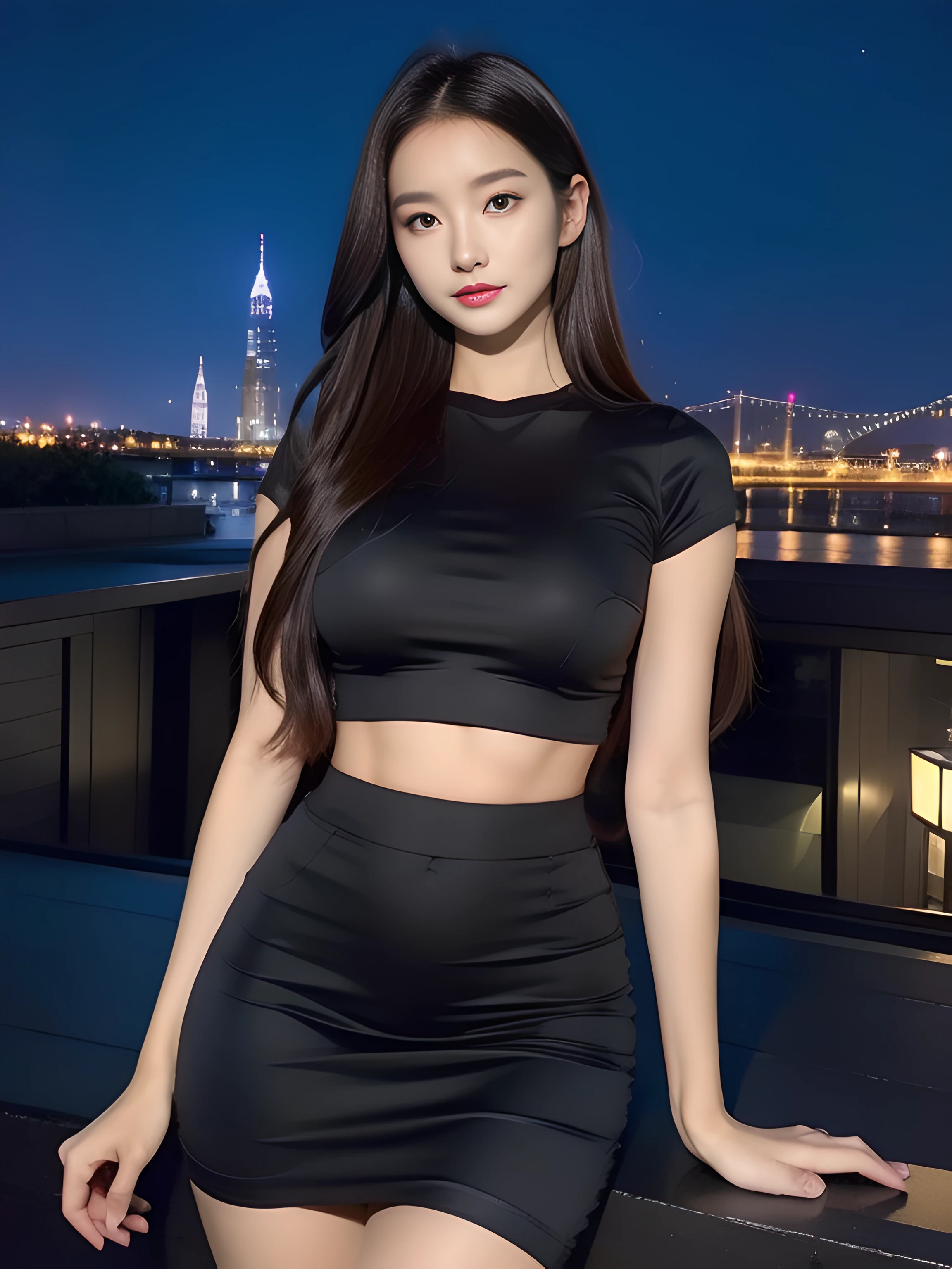 （（midynight， Acura， 8K， tmasterpiece： 1.3））， full bodyesbian， long leges， Focalors： 1.2， perfect figure beautiful woman： 1.4， Slim abs： 1.1， （dark brown  hair，： 1.2 ））， （Goose yellow skinny T-shirt， short  skirt，sitting on a stool： 1.2）， （city night scene， the roof： 1.3））， Highly Detailed Face and Skin Textur， detailedeyes， 二重まぶた，