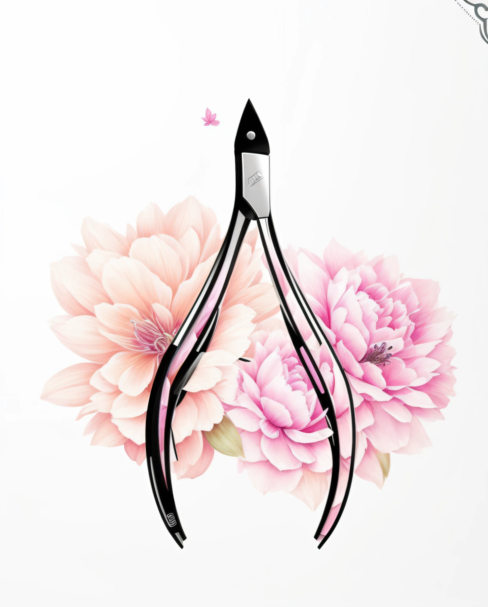 There is a drawing of a pair of pliers with flowers in the background, Artistic illustration, illustration sharp, illustration sharp, 💋 💄 👠 👗, illutstration, Tesoura, 🎨🖌, digital illustation, logotipo do tema clematis, Detalhe requintado, floralpunk, arte de linha requintada, Directed by: Mario Dubsky, arte bonita, Alta costura floral