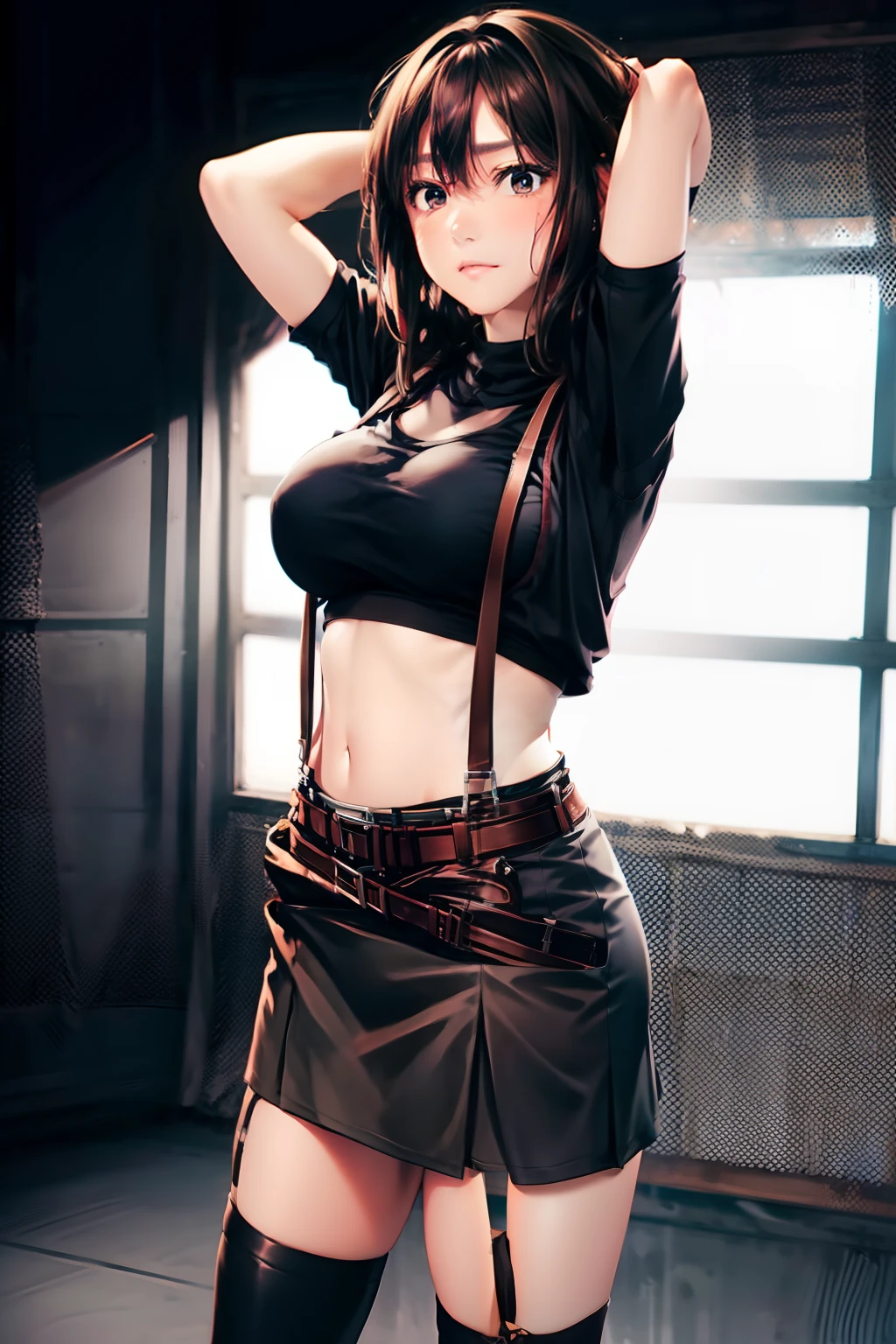 a belt huge tit suspenders garterbelts Black stockings Black tank top a miniskirt Brown hair Gray eyes