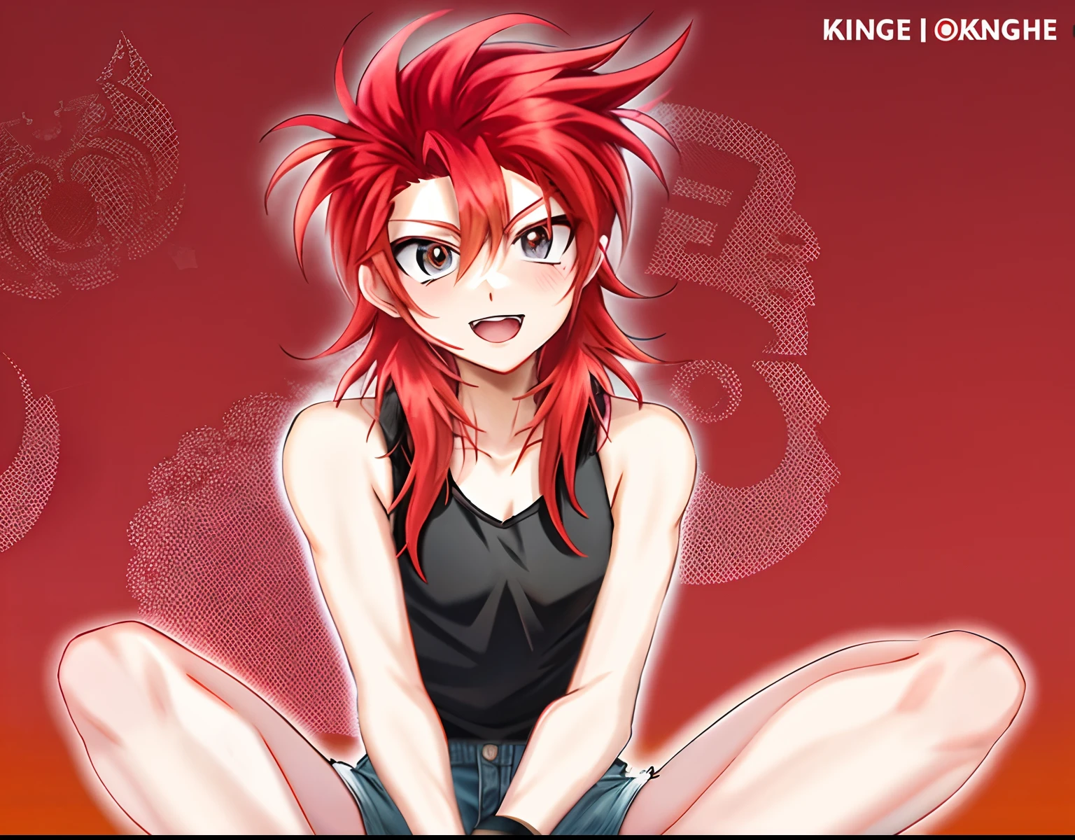 Red haired anime boy sitting on floor with legs crossed, Anime Boy, anime style character, garments:Black tank top, Boy in shorts, In anime style, Anime style, anime styled」, Muscular men, In an anime style, Knight of Zodiac Boy, With red hair,