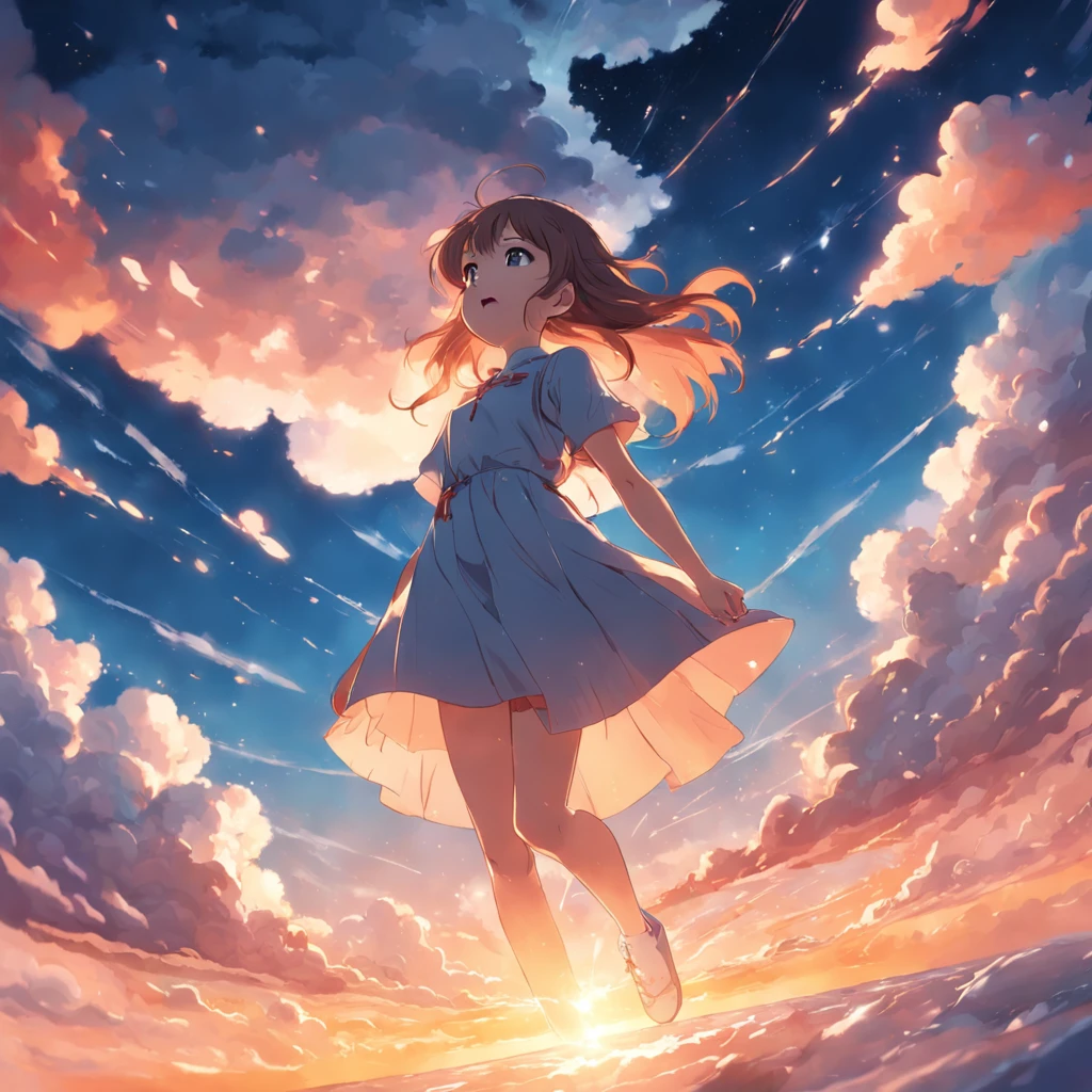 masterpiece, best quality, movie still, 1girl, cloud girl, floating in the sky, close-up, bright, happy, warm soft lighting, sunset, (sparks:0.7)