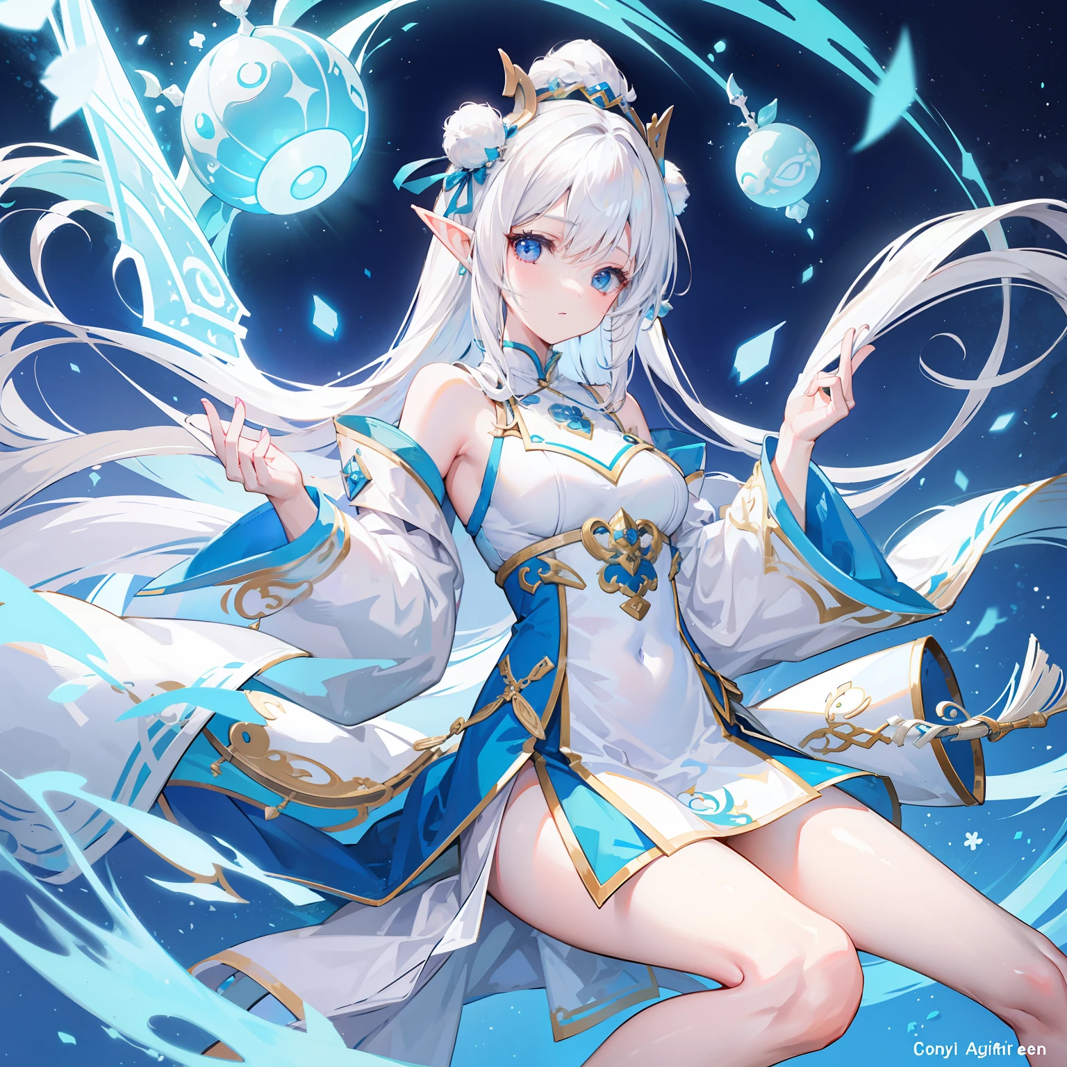 Creamy white hair，Fuzzy clothes，Hairy lute，Blue and white color scheme，Cute as the Jade Rabbit Elf，Precision and flexibility，white  panties，Beautiful appearance，It's a sweet girl