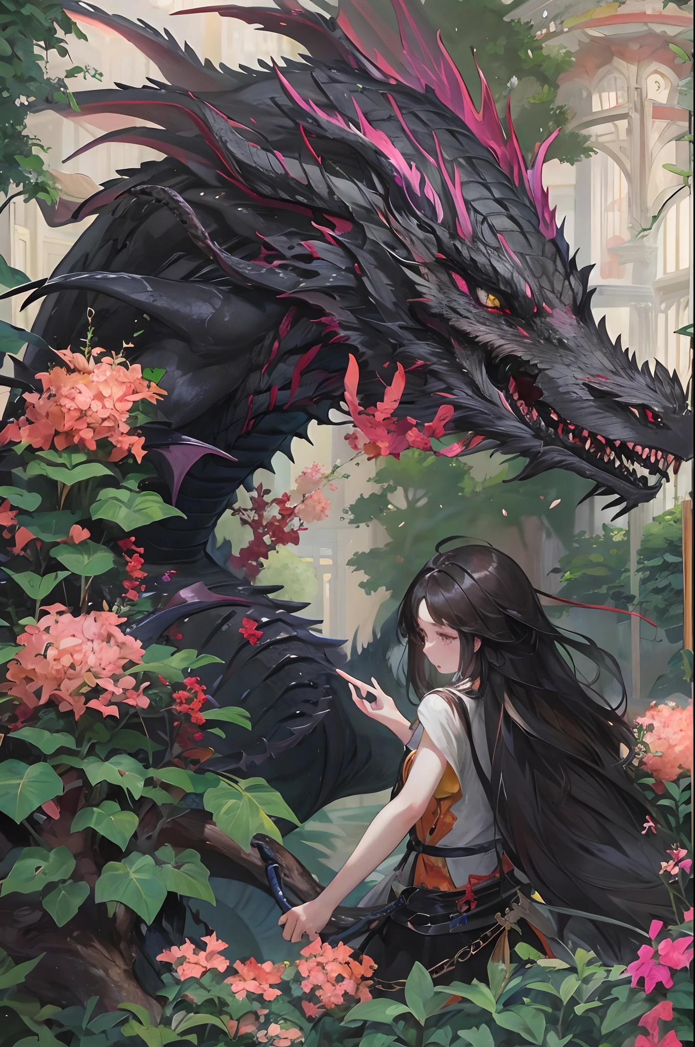 A long-haired beauty playing with a black dragon in the garden。