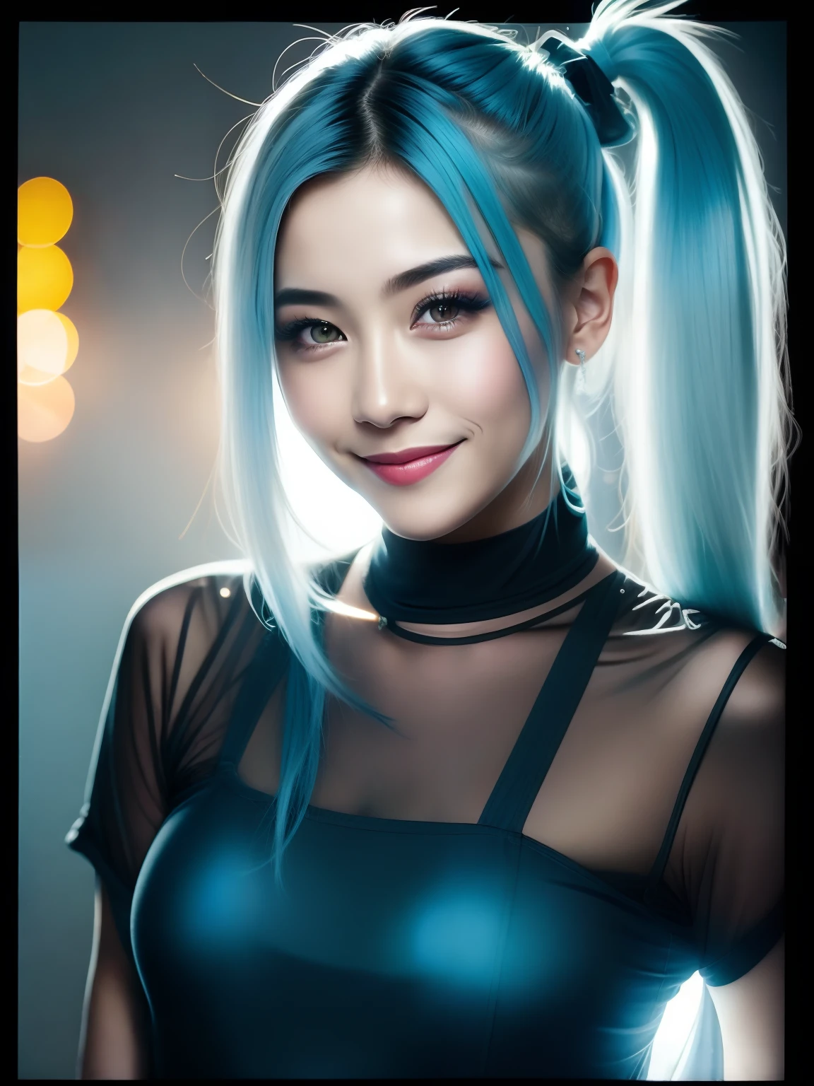 nighttime scene、Close up photo of sexy、the pose、Looking at the camera and smiling、Light blue ponytail hair、(verd s eyes:0.8)、Cute young face、Soft volume light、(back lighting:1.3)、(cinematic:1.3)、intricate detailes、(art stations:1.2)sixteen years old.