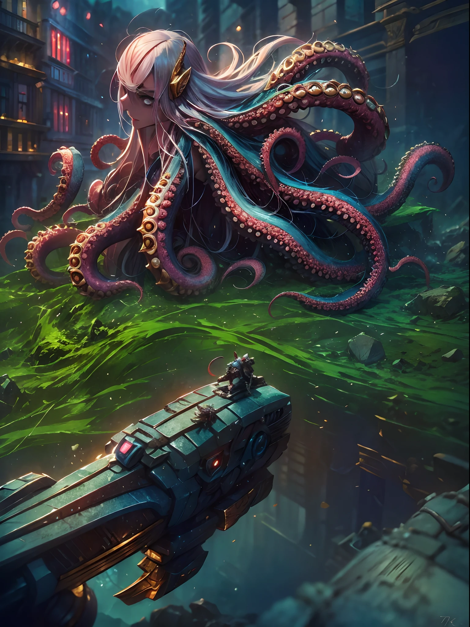 Invading aliens，uncanny，Octopus tentacles，Full body like，combats，The city was destroyed，of a real，Facial features are carefully depicted，Realistic skin texture，Dark style，depth of fields，high light，Real light，Ray traching，oc rendered，Hyper-realistic，best qualtiy，8K，Works of masters，super-fine，Detailed pubic hair，Correct anatomy，sharp focus on eyes，Bokeh，Facial features are carefully depicted