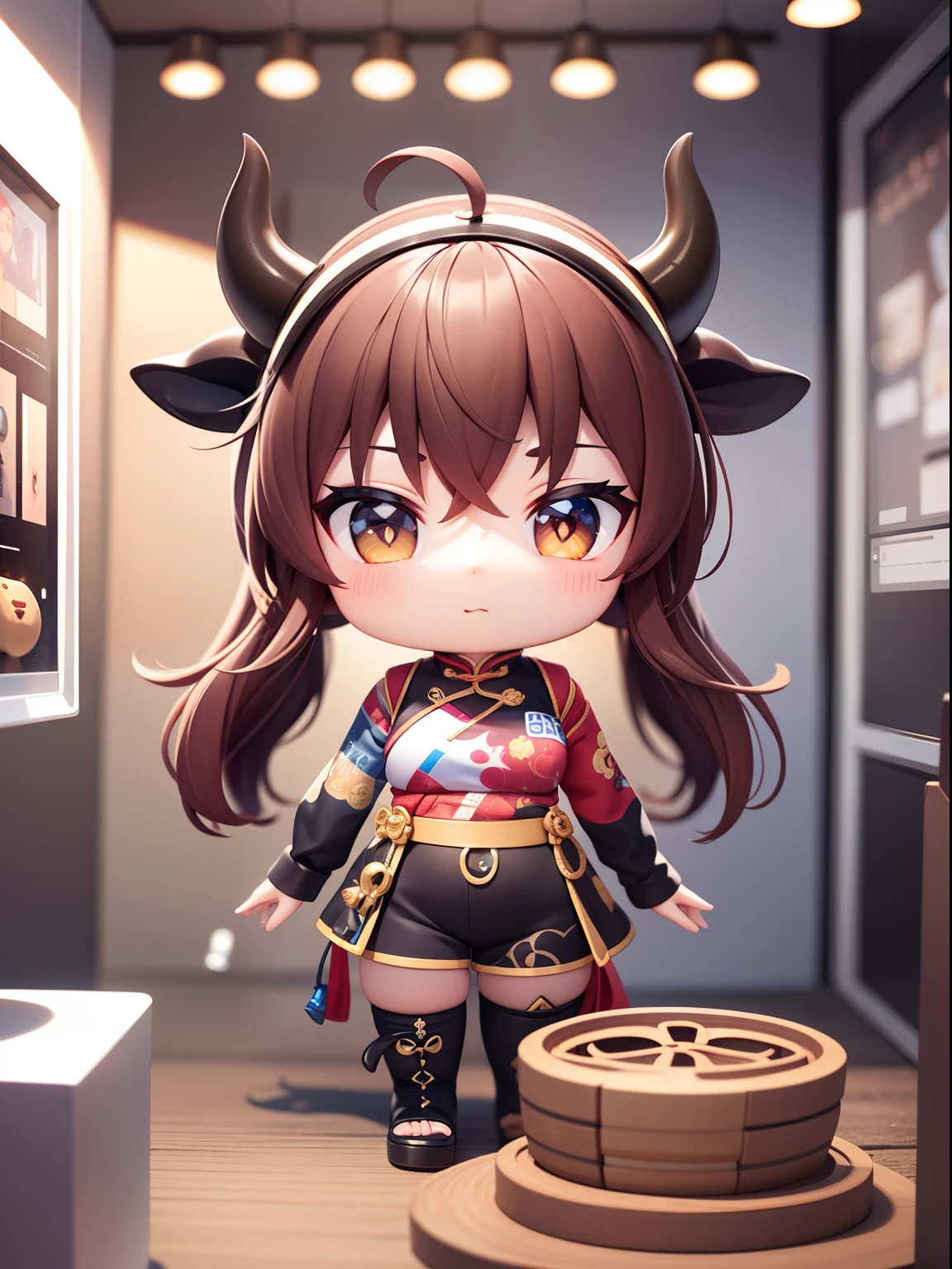 PopMart blind box IP，Chinese zodiac，full bodyesbian，Lovely bull head，Brown horns，Technology elements，Stylish clothes，Streamline 3D/C4D production：8K HD quality/illuminating/Ultra-detailed lens depiction1.5，flawless perfection，Chibi background/SENSE OF CINEMA。