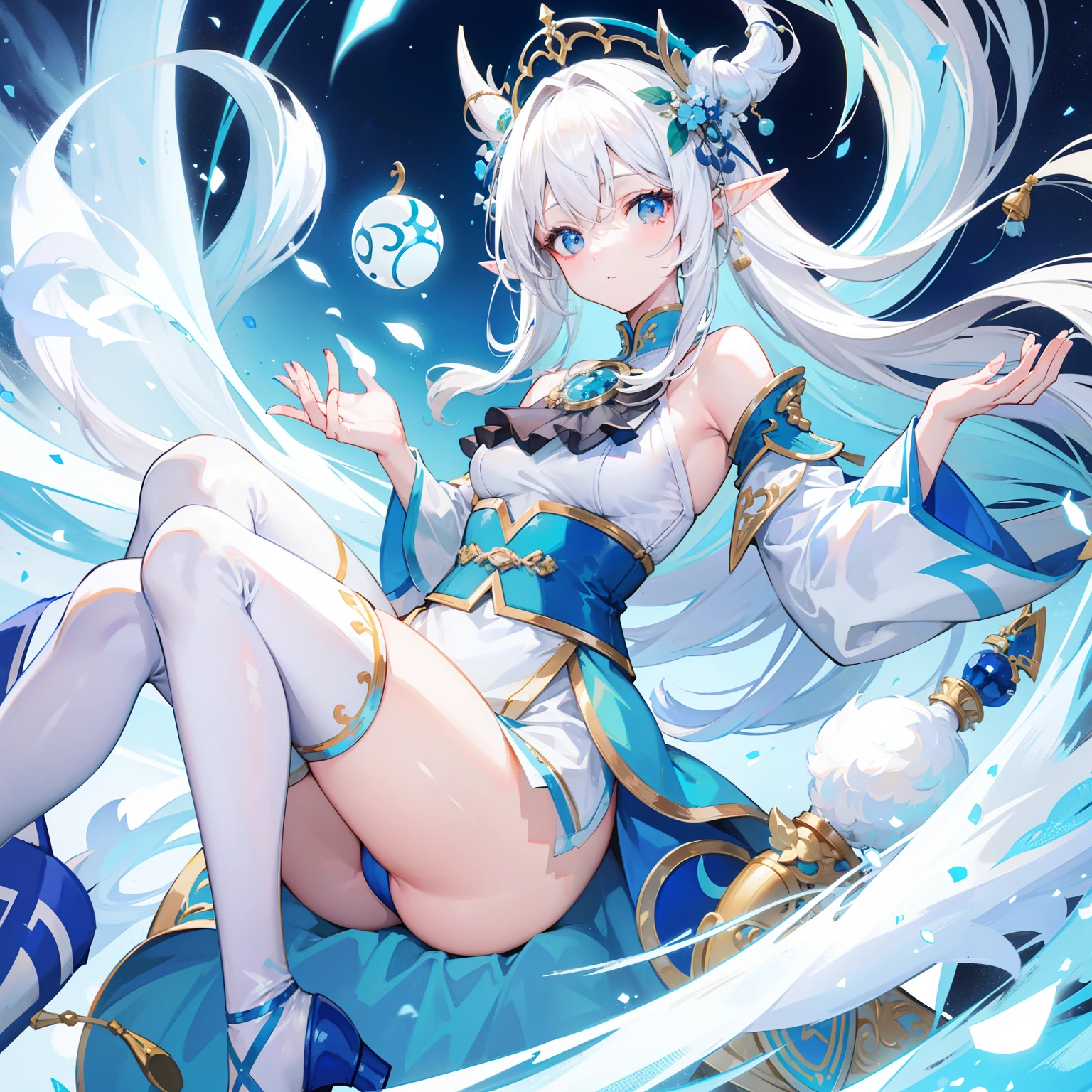 Creamy white hair,Fuzzy clothes,Hairy lute,Blue and white color scheme,Cute as the Jade Rabbit Elf,Precision and flexibility,Beautiful appearance,It's a sweet girl
