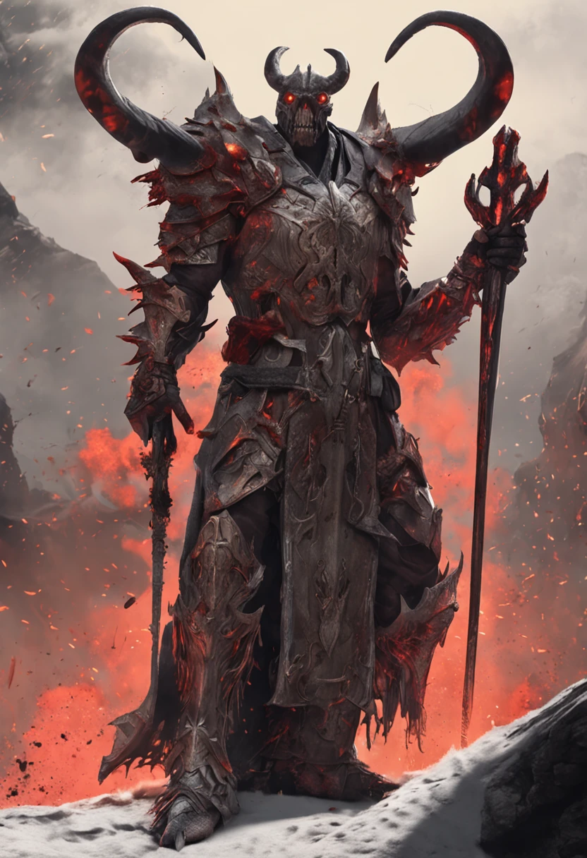 qifenglin; award winning full body portrait of diablo, in front of hell's gate, with a battle axe, paint splashes, horns with flames, lost souls, outrun, vaporware, digital art, trending on artstation, highly detailed, fine detail, intricate