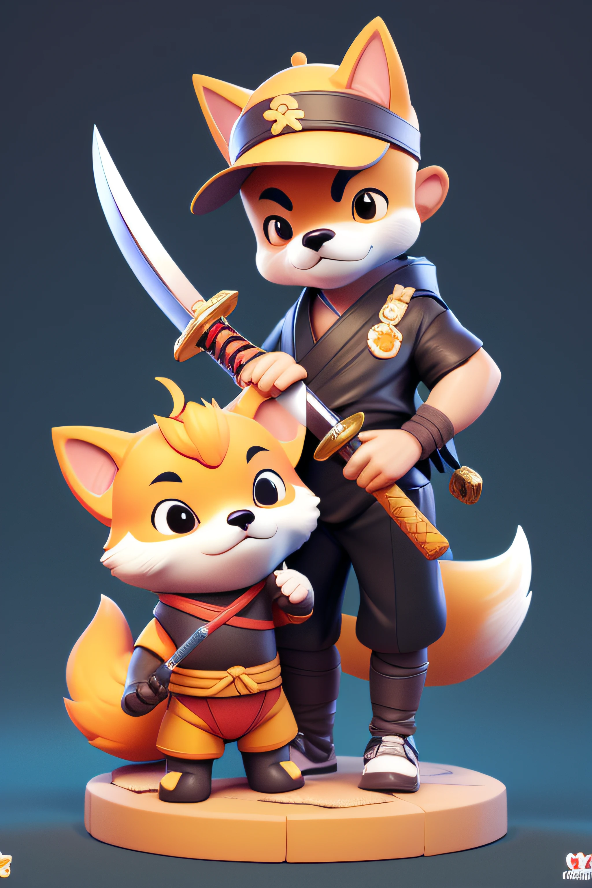 a close up of a toy animal with a sword in its hand, shiba inu holding a baseball bat, anthropomorphic shiba inu, cute 3 d render, 3d model of a japanese mascot, adorable digital painting, inspired by Shiba Kōkan, shiba figurine, japanese dog, fox nobushi holding a naginata