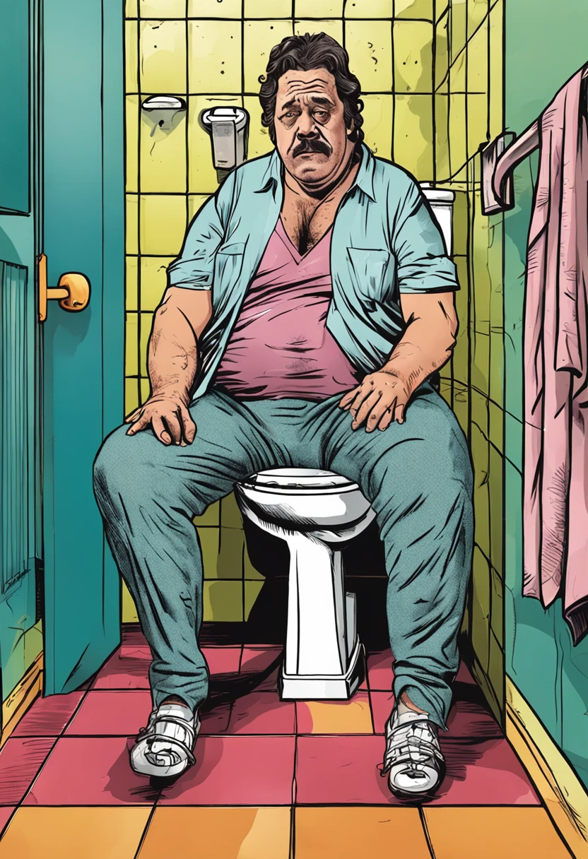 Masterpiece Illustration, Russell Crowe maduro parrudo, gordo de 40 anos, sitting on the toilet with his legs spread revealing the volume between his legs