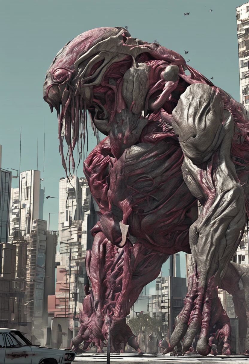 Cinematic texture,Invading aliens,Beef noodles,uncanny, tentaculata,Blood,Full body like,combats,The city was destroyed,of a real,Facial features are carefully depicted,Realistic skin texture,Dark style,depth of fields,high light,Real light,Ray traching,oc rendered,Hyper-realistic,best qualtiy,8K,Works of masters,super-fine,Detailed pubic hair,Correct anatomy,sharp focus on eyes,Bokeh,Facial features are carefully depicted