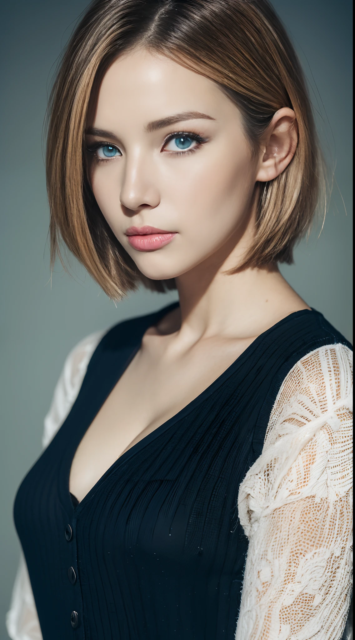(masutepiece:1.3), (8K, Photorealistic, Raw photography, Best Quality: 1.4), Vene, Beautiful face, (Lifelike face), (Shorthair:1.3), Realistic eyes, Beautiful eyes, (realskin), Beautiful skin, Ultra high definition, Hyper-realistic, hight resolution, Beautiful Russian woman、(Change of clothes:1.5)、Blue eyes、a blond