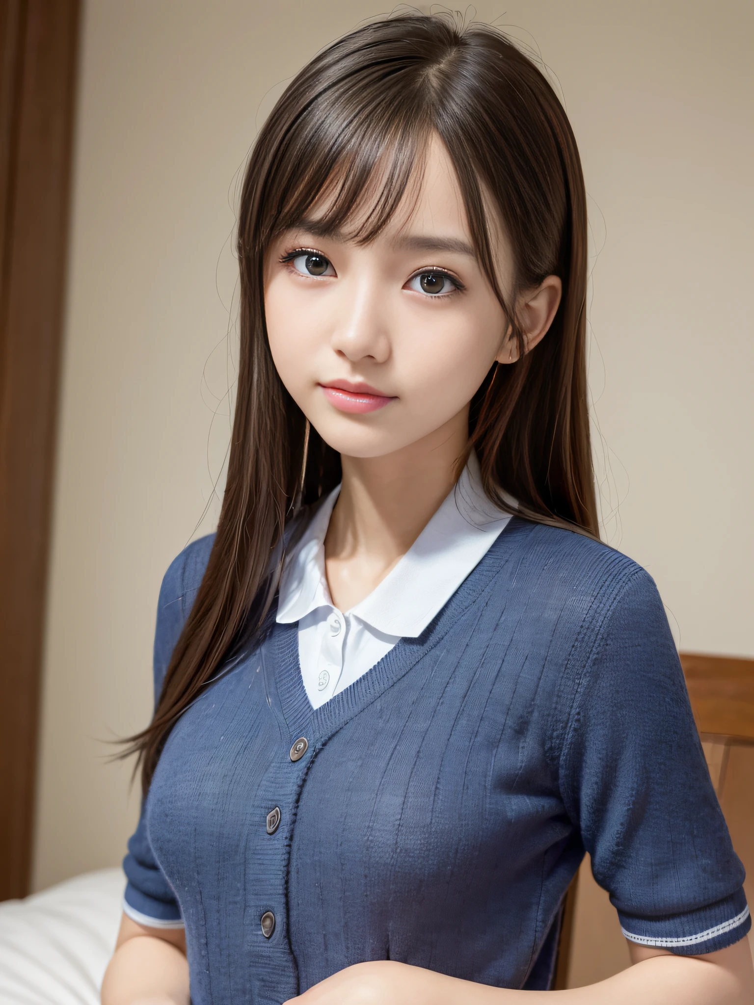 (8k, RAW Photo, Best Quality, Masterpiece:1.2), Ultra Detail, Super Resolution, (Realistic, Realistic Photo:1.37), Portrait, Professional Photo, Extremely Detailed and Beautiful, amazing and detailed, huge file size, official art, highly detailed CG unity 8k wallpaper, highly detailed beautiful girl, highly detailed face, highly detailed eyes, highly detailed skin, highly detailed fingers, highly detailed nose, very detailed detailed mouth , perfect anatomy, highly detailed background, highly detailed clothes, 1girl, 16s year old girl, cute girl, realistic body, petite, fair skin, glowing skin , slender proportions, A slight smil,Sexy and feminine,Bed room, medium breasts, Japanese's high school uniform,