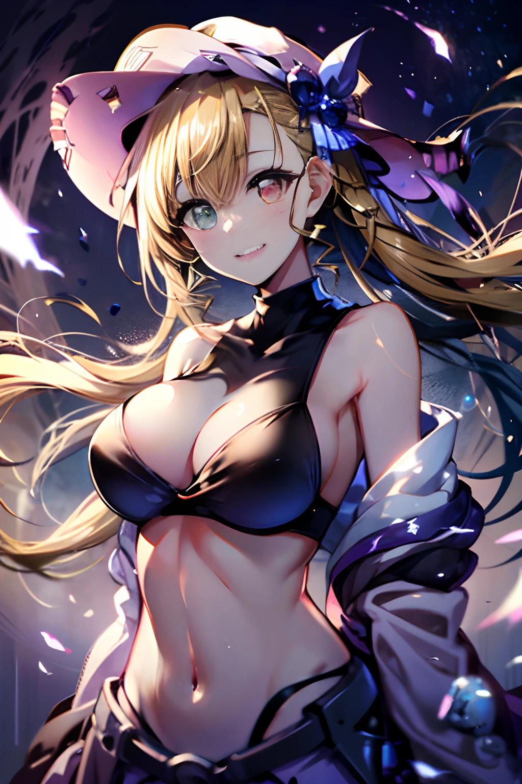 (((masterpiece)))、(((top-quality)))、((ultra-detailliert))、(illustratio)、((extremely delicate and beautiful))、Bright smile、floating、(Detailed light) (1girl in)、、独奏、The long-haired、The wind is blowing、A WORLD、(cute eye)Wizard Hat, red blush, blush stickers, cleavage of the breast, bare shoulders, doress, off shoulders, cowboy shot, is standing, a smile, deph of field,
