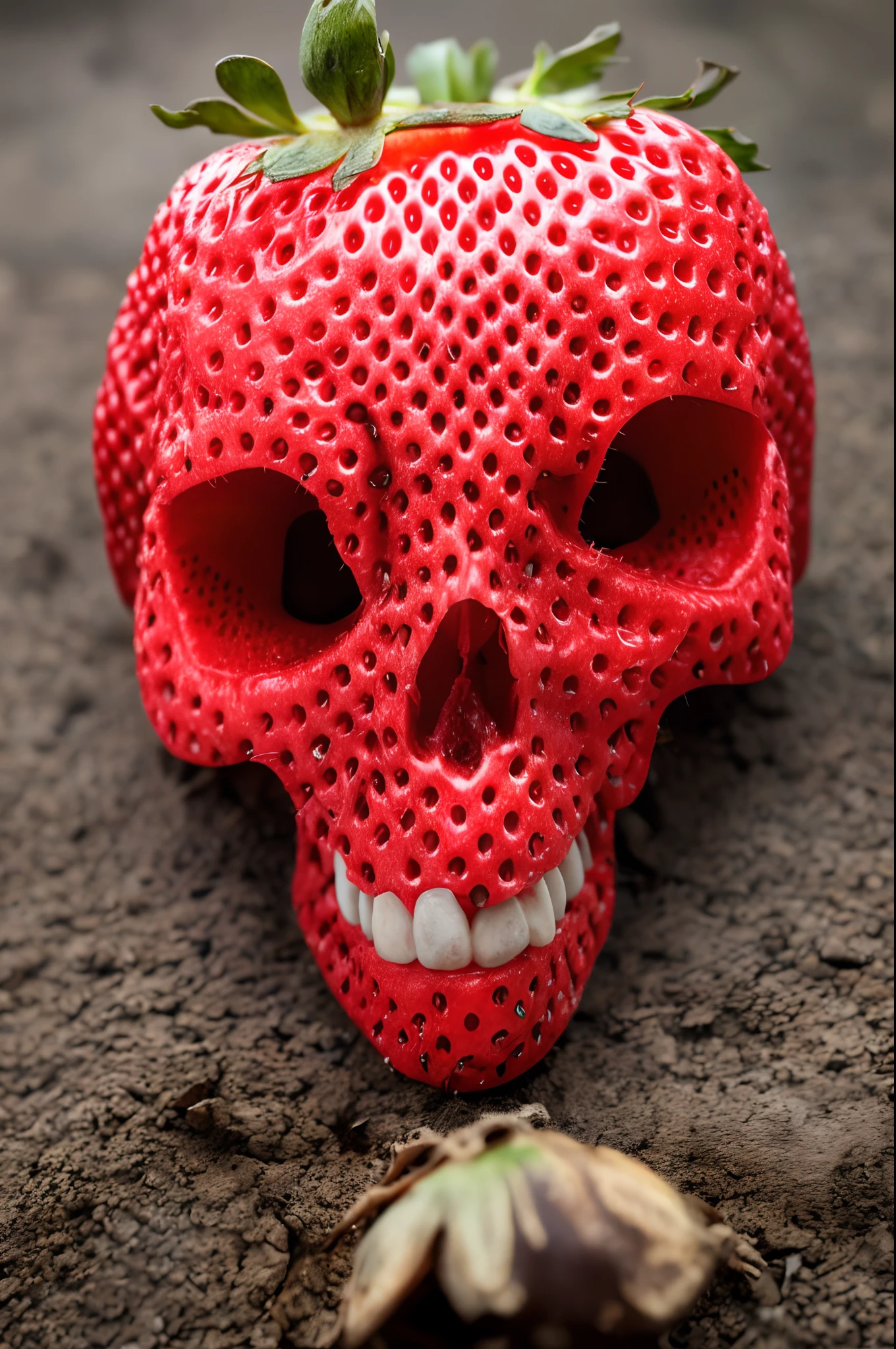 A human skull completely cover by a strawberry texture. Teeth have strawberry texture outside. Eye socket have strawberry texture inside. Nose socket have strawberry texture inside. Skull surface have strawberry texture outside. Skull surface is made of strawberry. Teeth surface is made of strawberry.