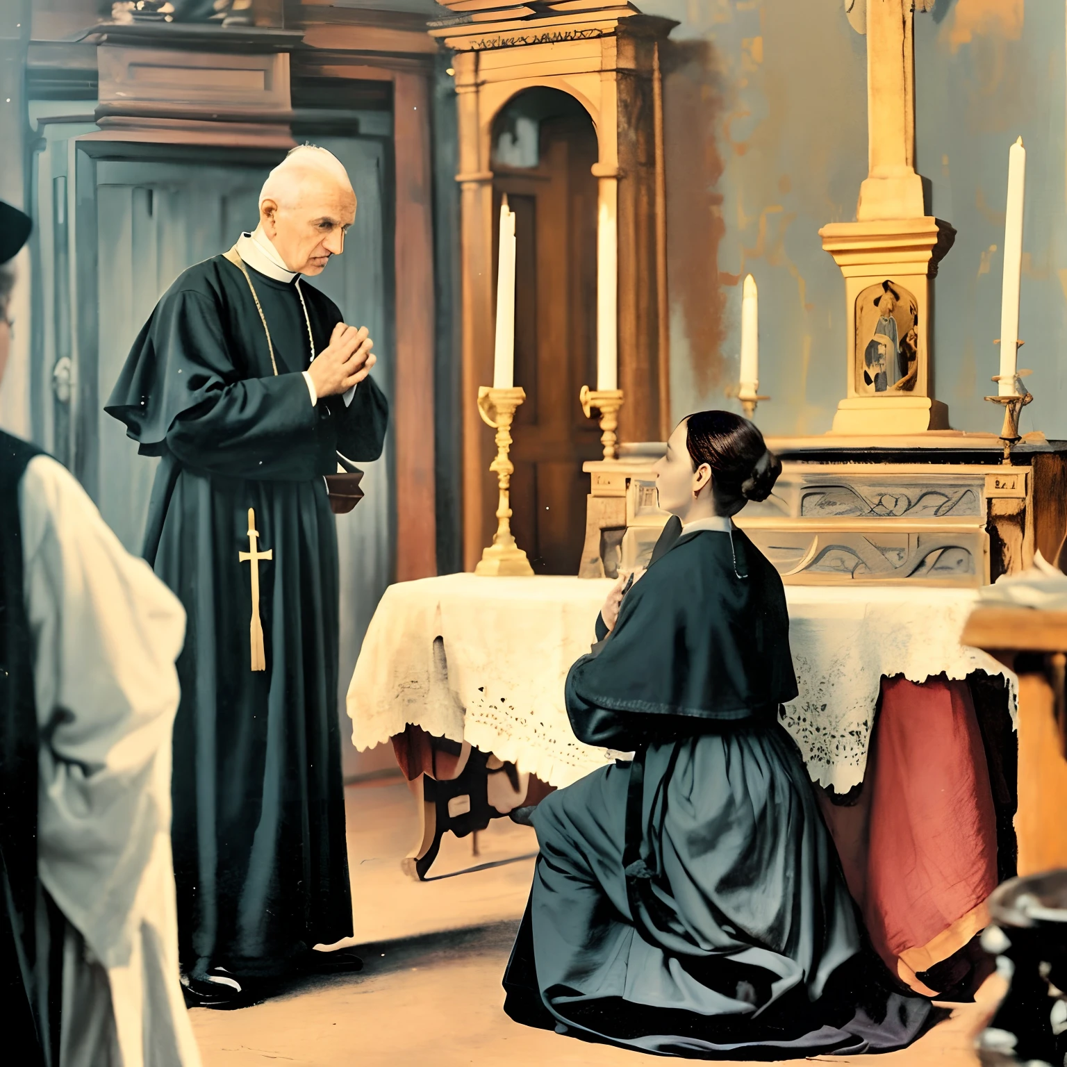 There's a priest standing in the old man with a woman sitting in front of him, kneeling in prayer, Ajoelhado diante do padre, nineteenth-century realsite photo, colorida