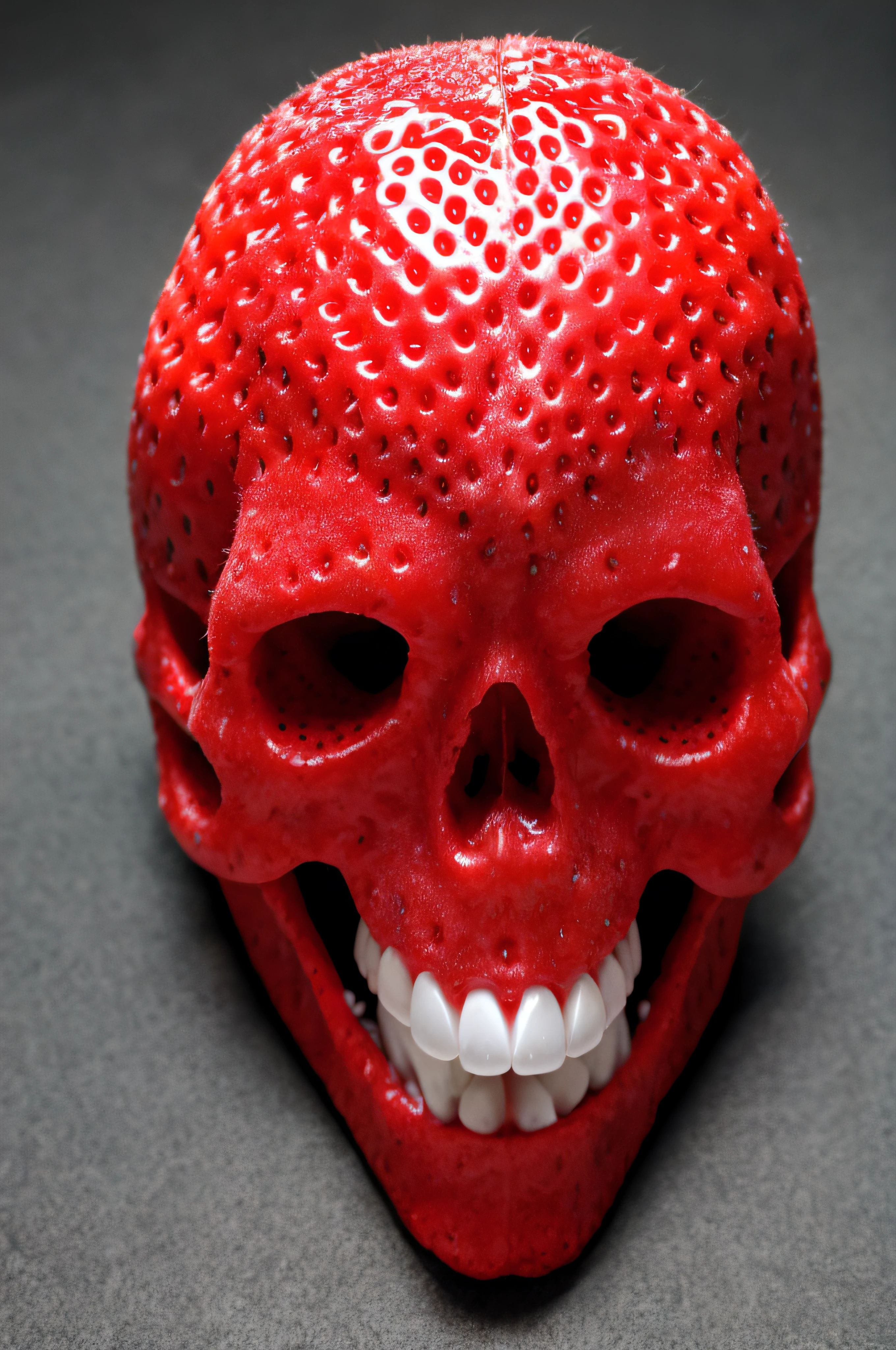 A human skull completely cover by a strawberry texture. Teeth have strawberry texture outside. Eye socket have strawberry texture inside. Nose socket have strawberry texture inside. Skull surface have strawberry texture outside. Skull surface is made of strawberry. Teeth surface is made of strawberry.