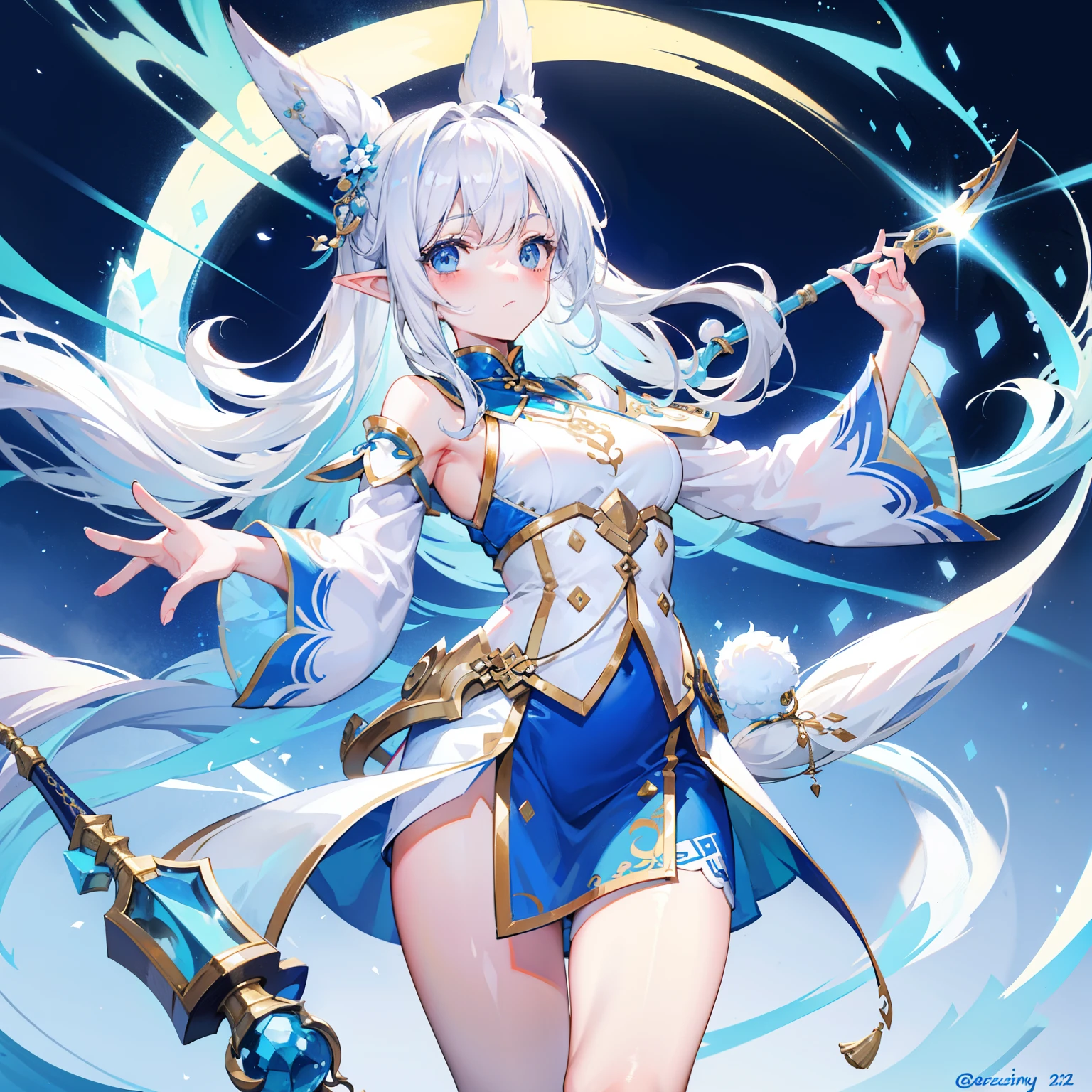 Creamy white hair，Fuzzy clothes，Hairy lute，Blue and white color scheme，Cute as the Jade Rabbit Elf，Precision and flexibility，Beautiful appearance，It's a sweet girl