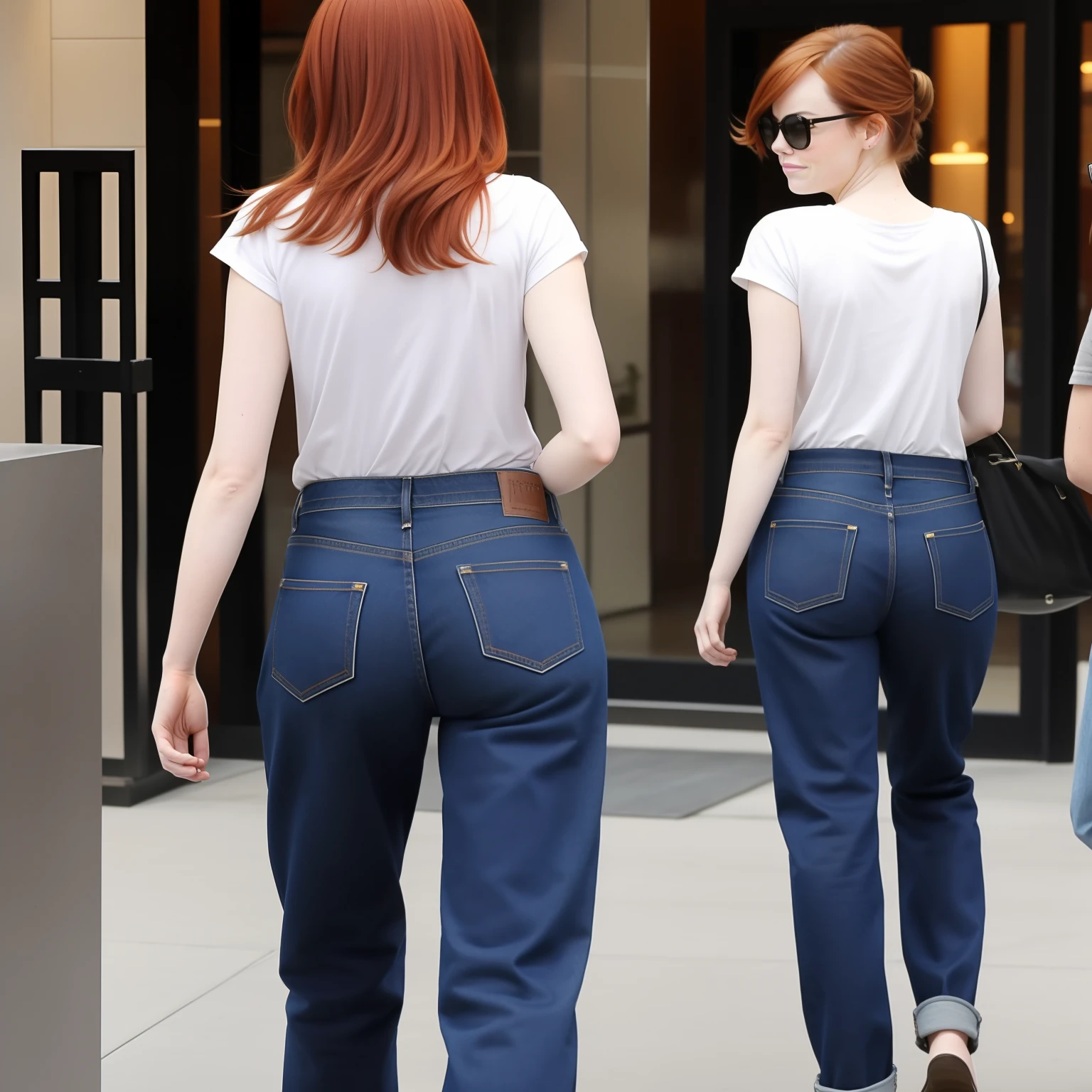 Emma stone, big ass, baggy jeans, looking at viewer, from the back, serious