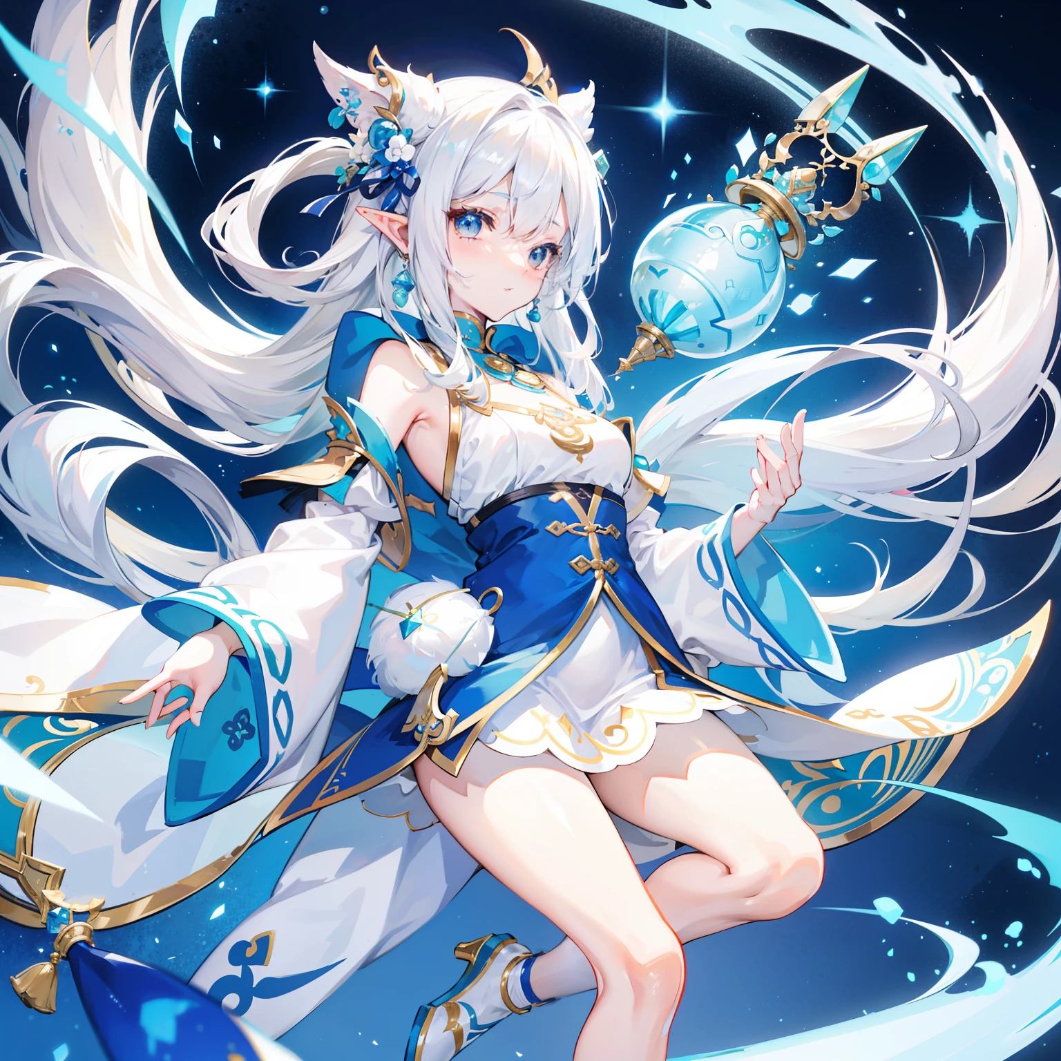 Creamy white hair，Fuzzy clothes，Hairy lute，Blue and white color scheme，Cute as the Jade Rabbit Elf，Precision and flexibility，Beautiful appearance，It's a sweet girl