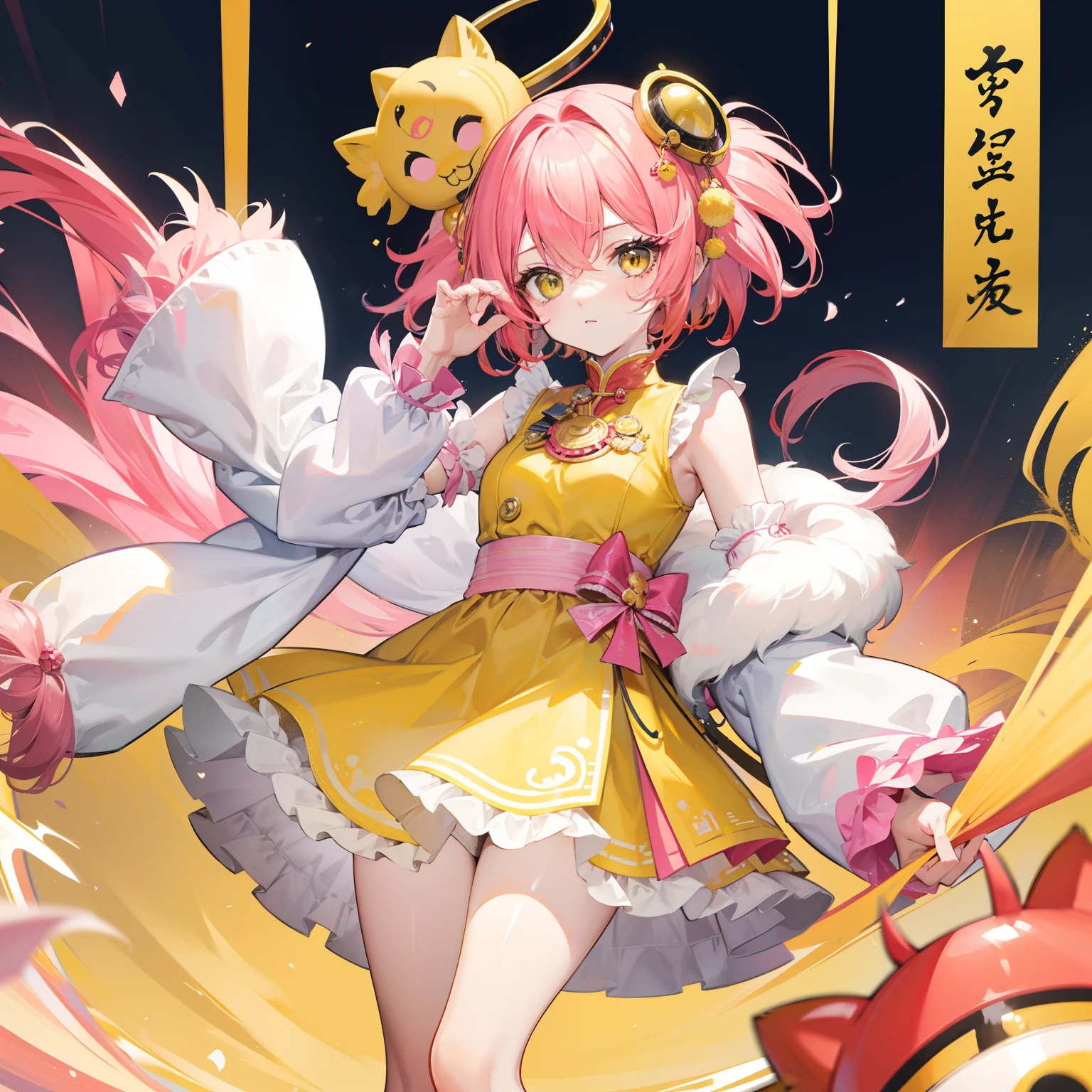 short, Helmet-like yellow-pink hair，It feels fluffy，Wear slender clothes with yellow powder，This is a quirk，Very cute lion dance loli
