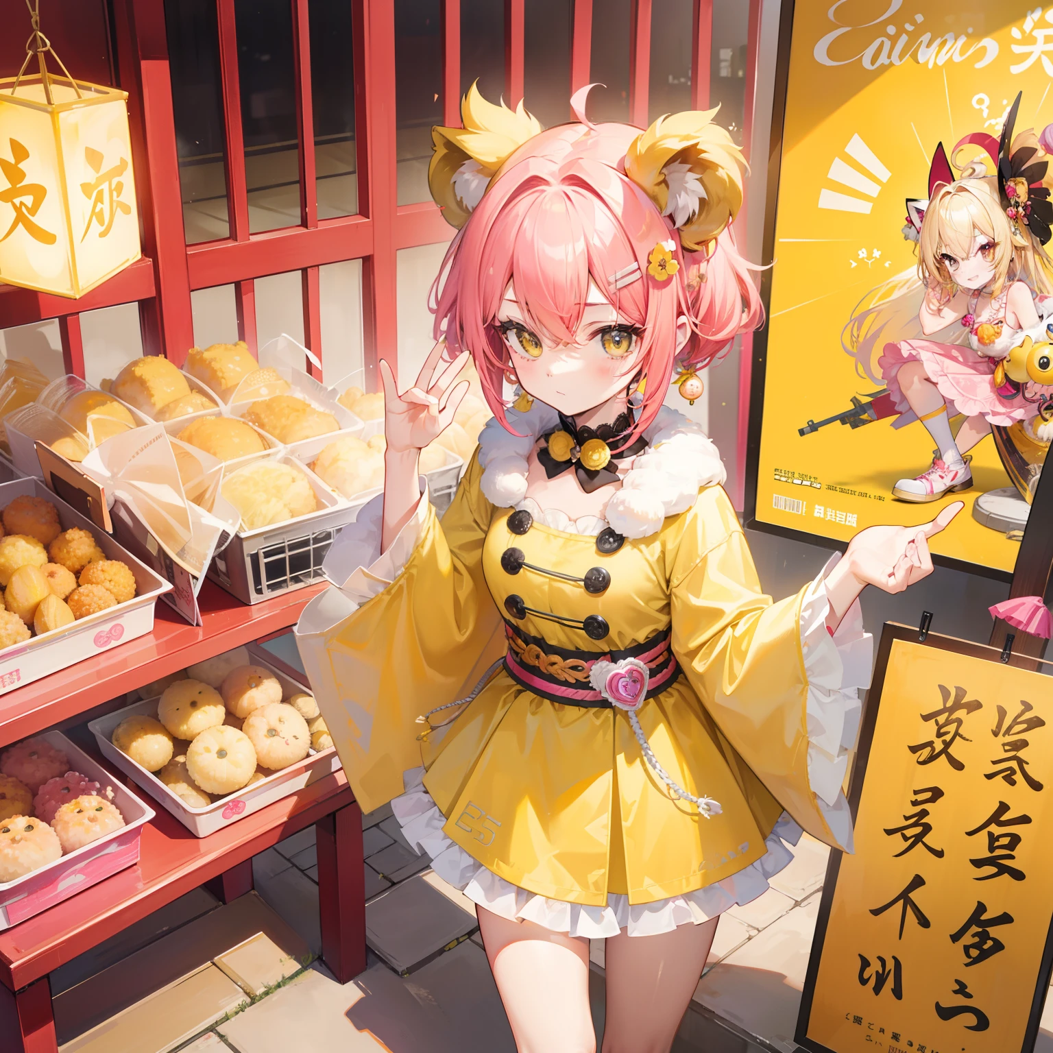 short, Helmet-like yellow-pink hair,It feels fluffy,Wear slender clothes with yellow powder,This is a quirk,Very cute lion dance