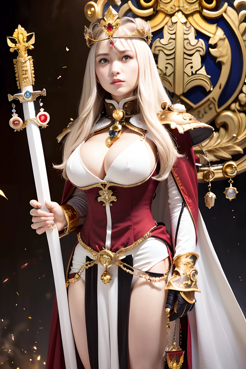 (masutepiece), Professional , masterpiece、top-quality、photos realistic , depth of fields ,(Wind element),close-up,dream magical,tornado,Lightning,(Gemstone Gold Jewel Body:1.9),(Matte White、Jewel Gold Weapon_(Gemstone Metal Body:1.4),Luminous Luxury Jewel Metal Weapon ,(( Detailed Sword of the Brave)) , Black castle background ,warhammer 40k , adepta sororitas,Detail and ornate jewel crown、Brown hair、Gangle's forest background、Beautiful Caucasian beauty、1a person、dynamic ungle,(((Detailed and ornate diamond crown)))、Particles of light、cleavage of the breast、Battle Pose、