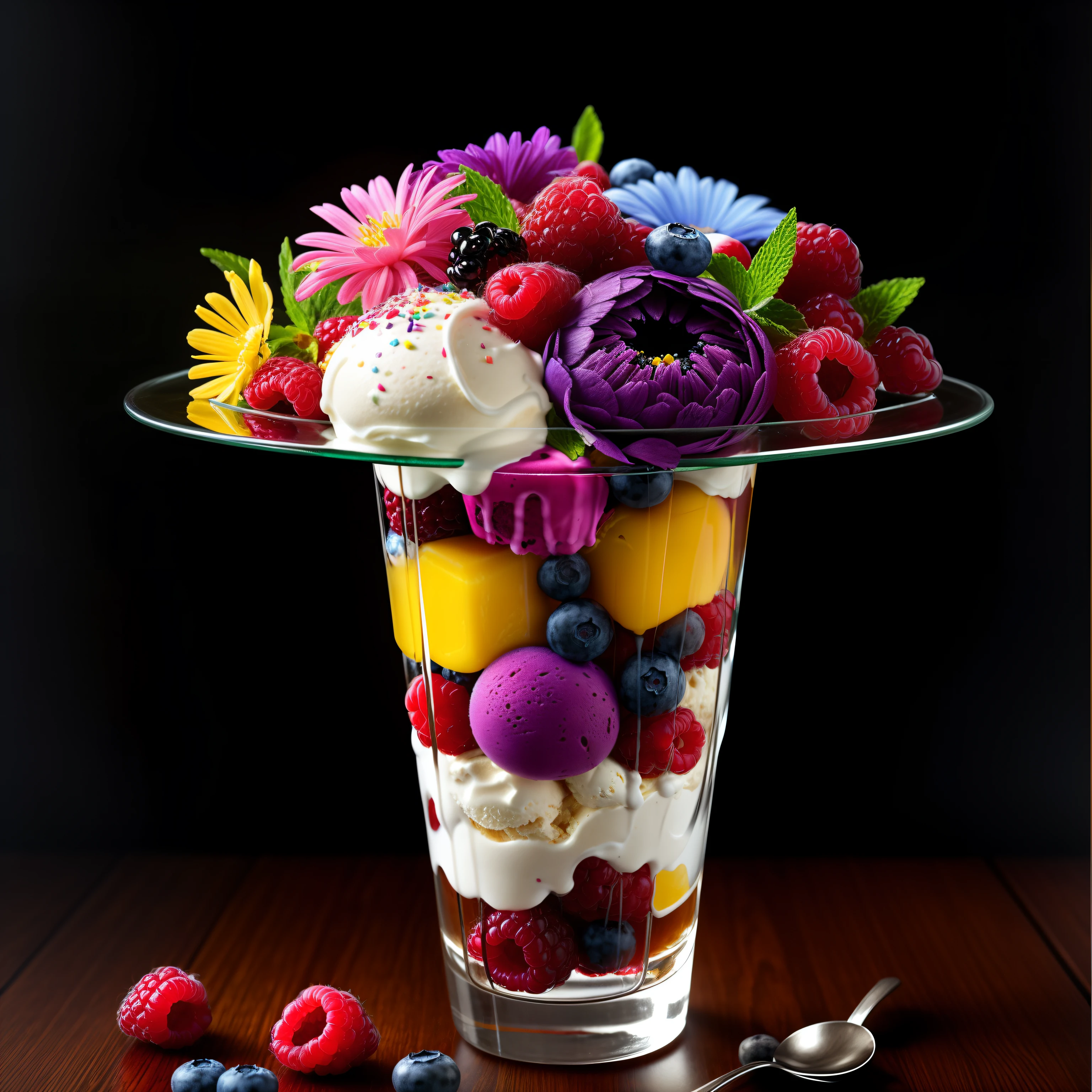 colorful flowers on table,
knickerbocker glory, tall thin glass, colorful ice cream, purple ice cream, raspberries, couli, blueberries, chopped chocolate, icing sugar,  intricate, oil on canvas, masterpiece, expert, insanely detailed, 4k resolution, splash art, concept art, composition, framing, delicate features,