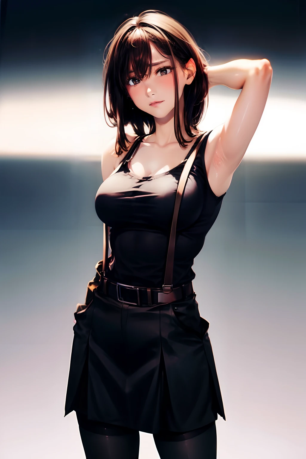 a black skirt, Tank Tops suspenders, Brown hair short, Gray eyes, holster, Garter belt on the legs, Big breasts and tight clothes, a belt Armpit sweat Fold your hands behind your head deadpan
