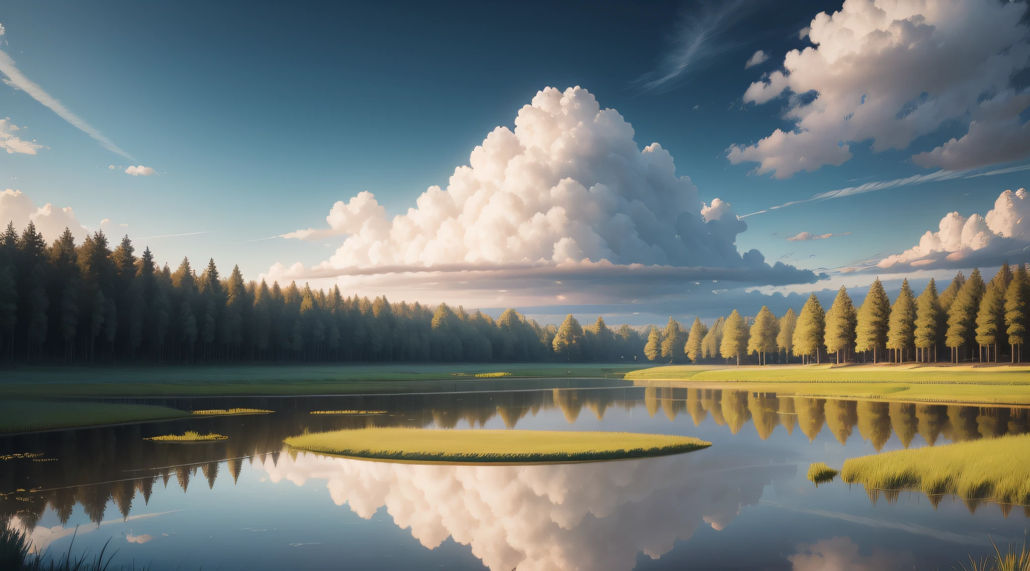 naturey,grass field,ponds,Stereo clouds,Ray traching,reflective light,A high resolution,hyper HD,photorealisti