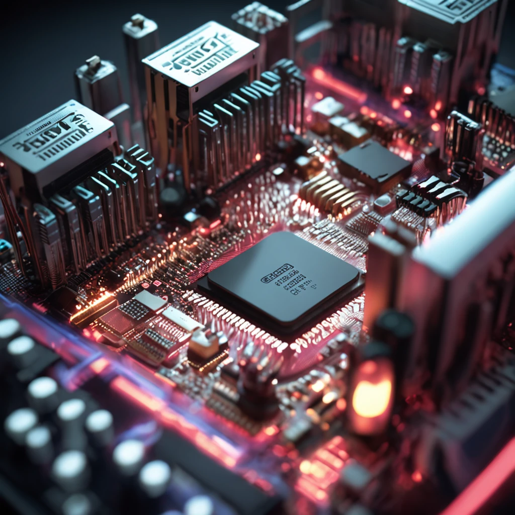 CPU on a mother board, AI label on CPU, lighting effects generating from CPU like it's emmiting to the mother board, drop shadow, stereogram, pov, atmospheric perspective, macro photo, 8k, ccurate, best quality