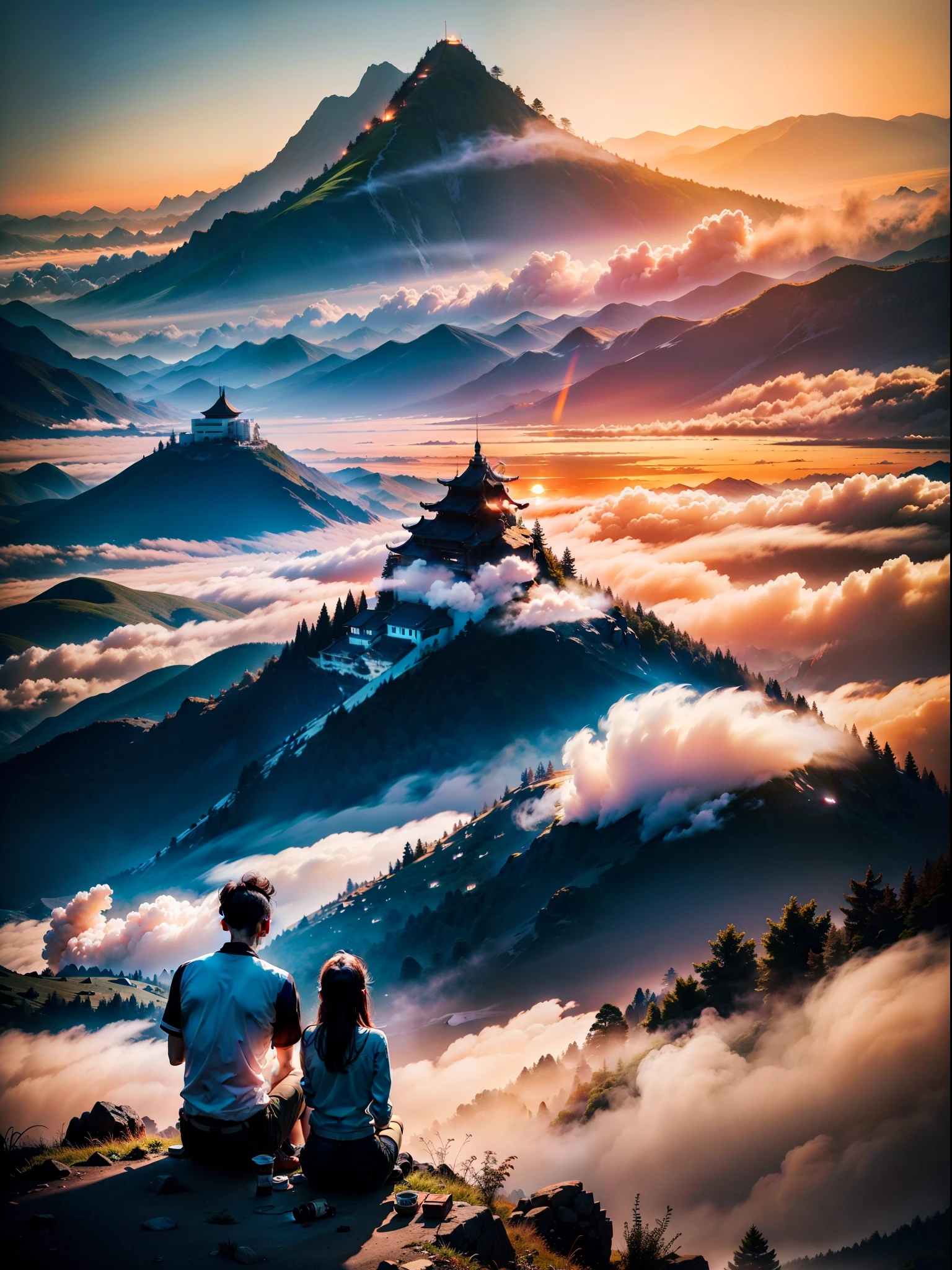 Two people sit on the top of the hill to watch the sunrise,dingdall effect,blue-sky,baiyun,The mountains are full of smoke,Hyper Real,8k