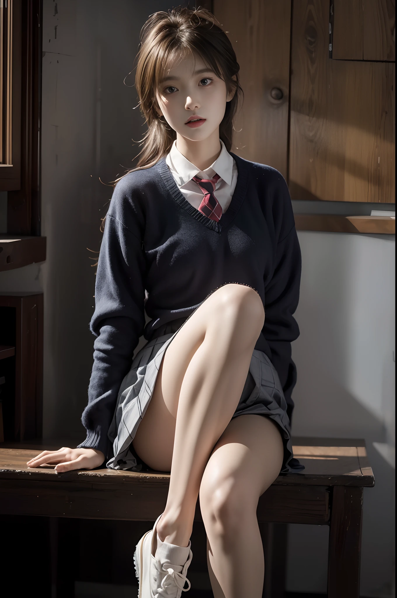 Best quality,masterpiece,ultra high res,(photorealistic:1.4),raw photo,(slender legs)(beautiful hands)(normal body shape),dynamic pose,1girl,solo,school uniform,in the dark,deep shadow,low key,cold light 12000K,