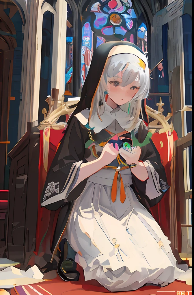 best qualityer,tmasterpiece,Ultimate resolution,downy,Extremely colorful,Colorful,a matural female,Crop topping,Nun dress,The kinky is exposed,cathedrals,Sanctuary,Anime characters kneeling on the red carpet in front of colored windows, Guweiz in Pixiv ArtStation, white-haired god, Guweiz on ArtStation Pixiv, Guviz-style artwork, Guviz, nun outfit, majestic saint woman, nun, dressed like a cleric, trending on artstation pixiv, Detailed fanart