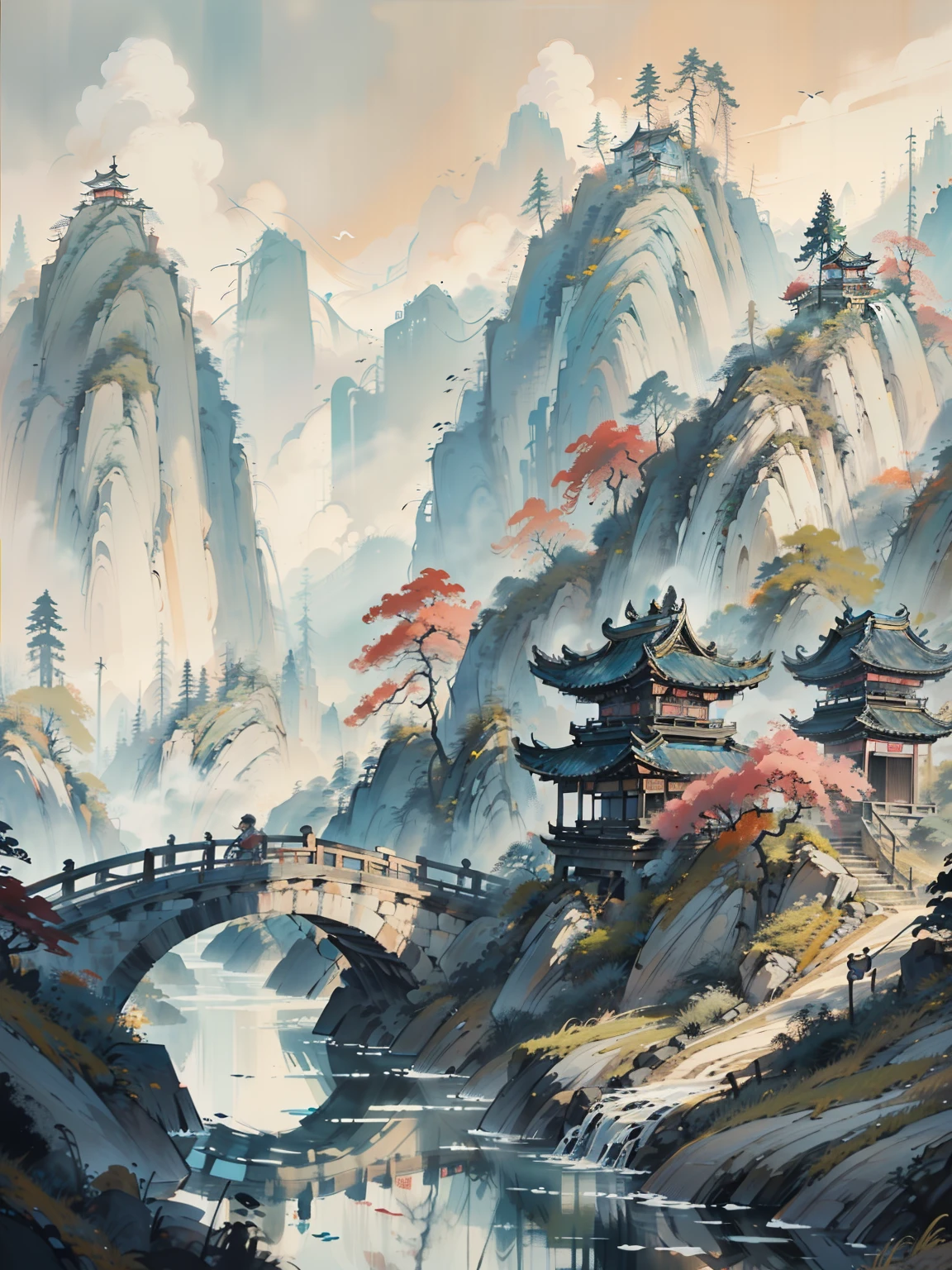 (Best Masterpiece), 8K, 
(Chinese ancient painting style), (distant view shot),The camera glides through a bamboo forest and reveals an ancient Chinese garden nestled among the mountains and forests,Multiple traditional Chinese buildings are scattered throughout the landscape, including high mountain waterfalls, pavilions perched on cliffs in the distance, ponds with small flowing bridges, lush trees with abundant branches and leaves,
The natural lighting is exquisite against a backdrop of blue sky and clouds, creating a beautiful color tone,