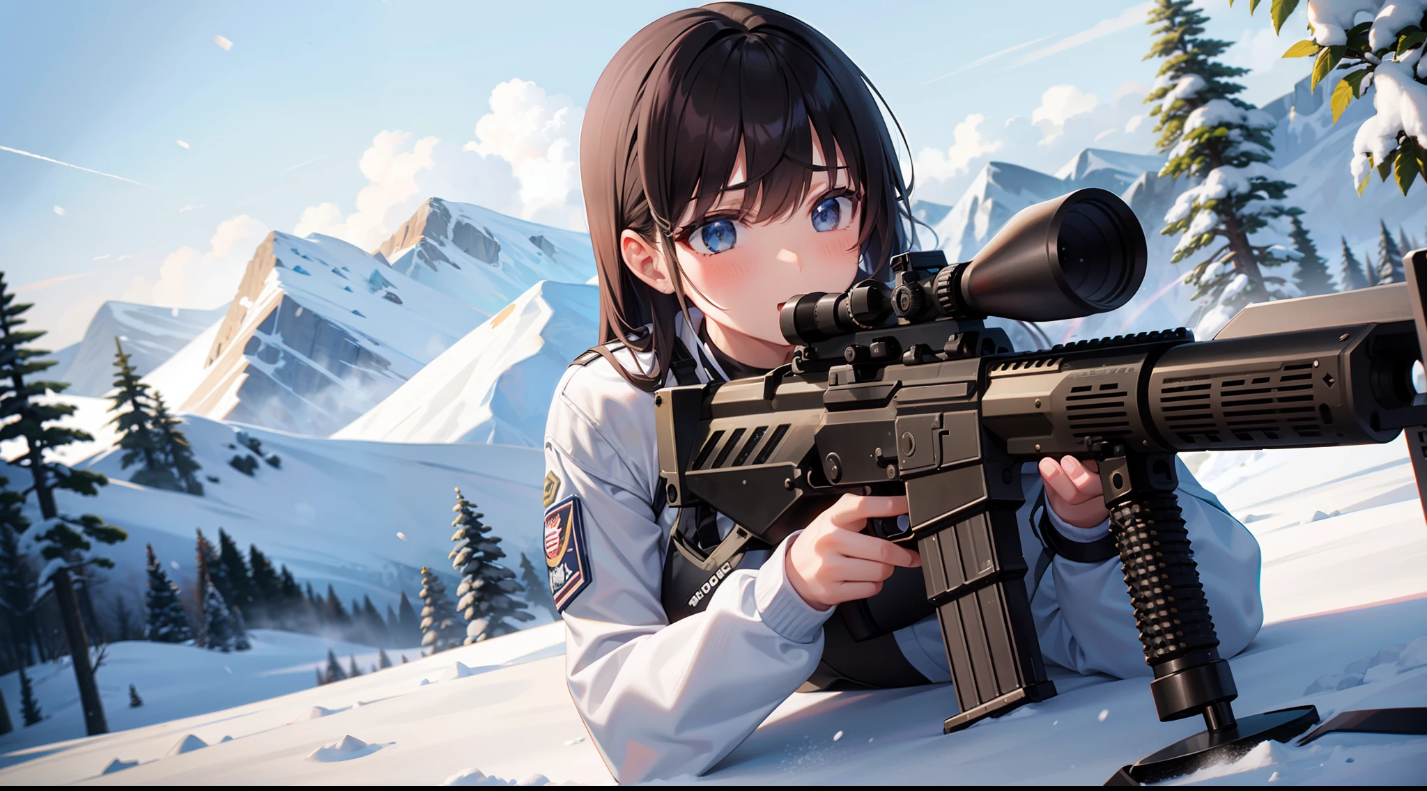 gun girl, special force, special operation, aiming at the enemy, assault rifle, white clothes, snow mountain, full body