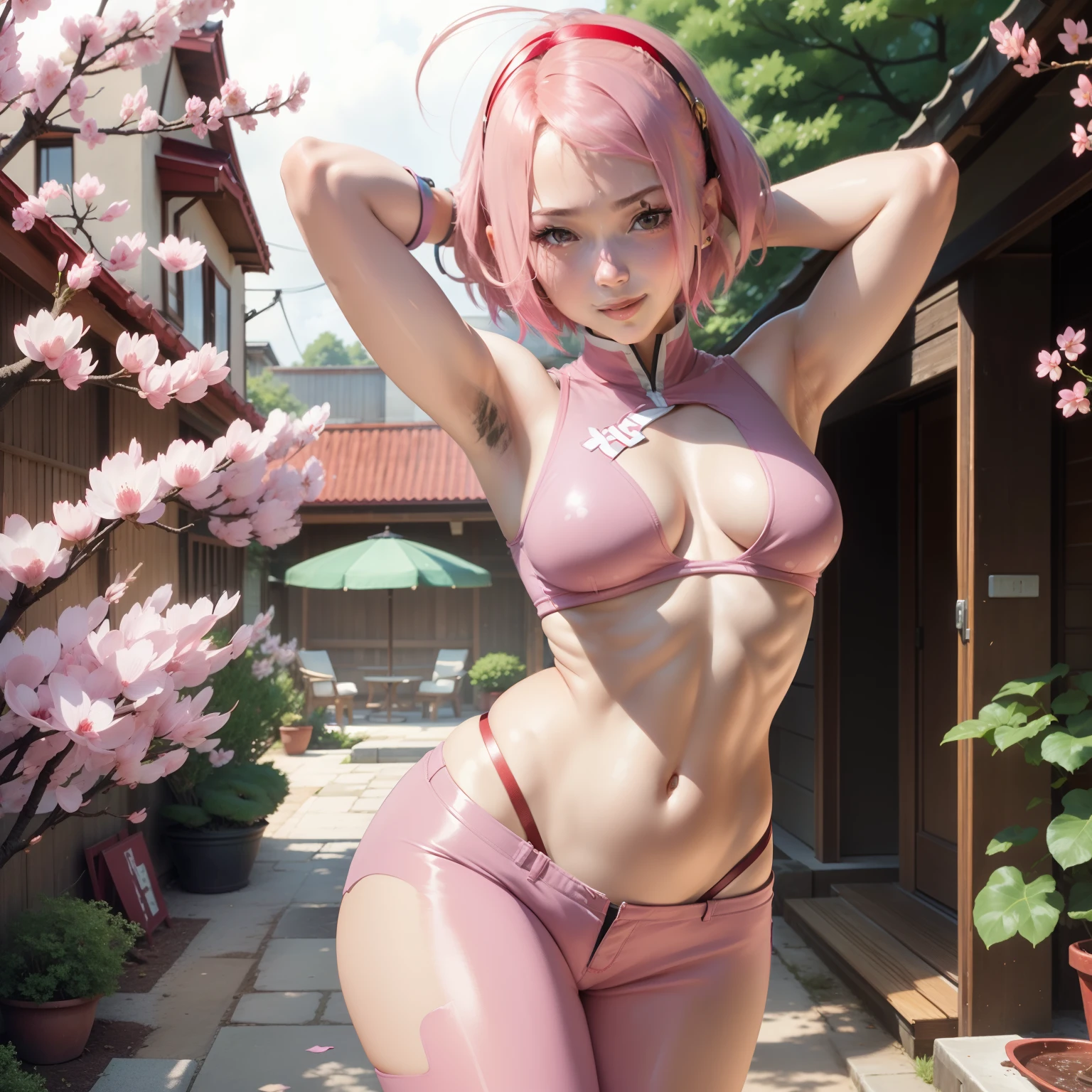 masterpiece, 1girl, haruno sakura, anime style: 1.9, forehead mark, pink hair, short hair, red hairband, red sleeveless dress, white pants, navel, groin, bracelet, looking at viewer, smile, cherry blossoms, private garden, wind, floating hair, small breast ,(wide hips), toned body, detailed eyes, exposing armpits, dirty armpits, sweaty armpits