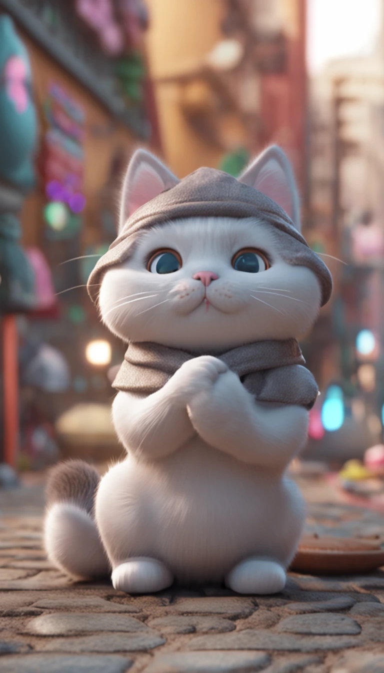 A grey cute cat, looking at camera, tamagochi style, mochi style, 3d style, 8k, 4k, HD, clear background, chibi style