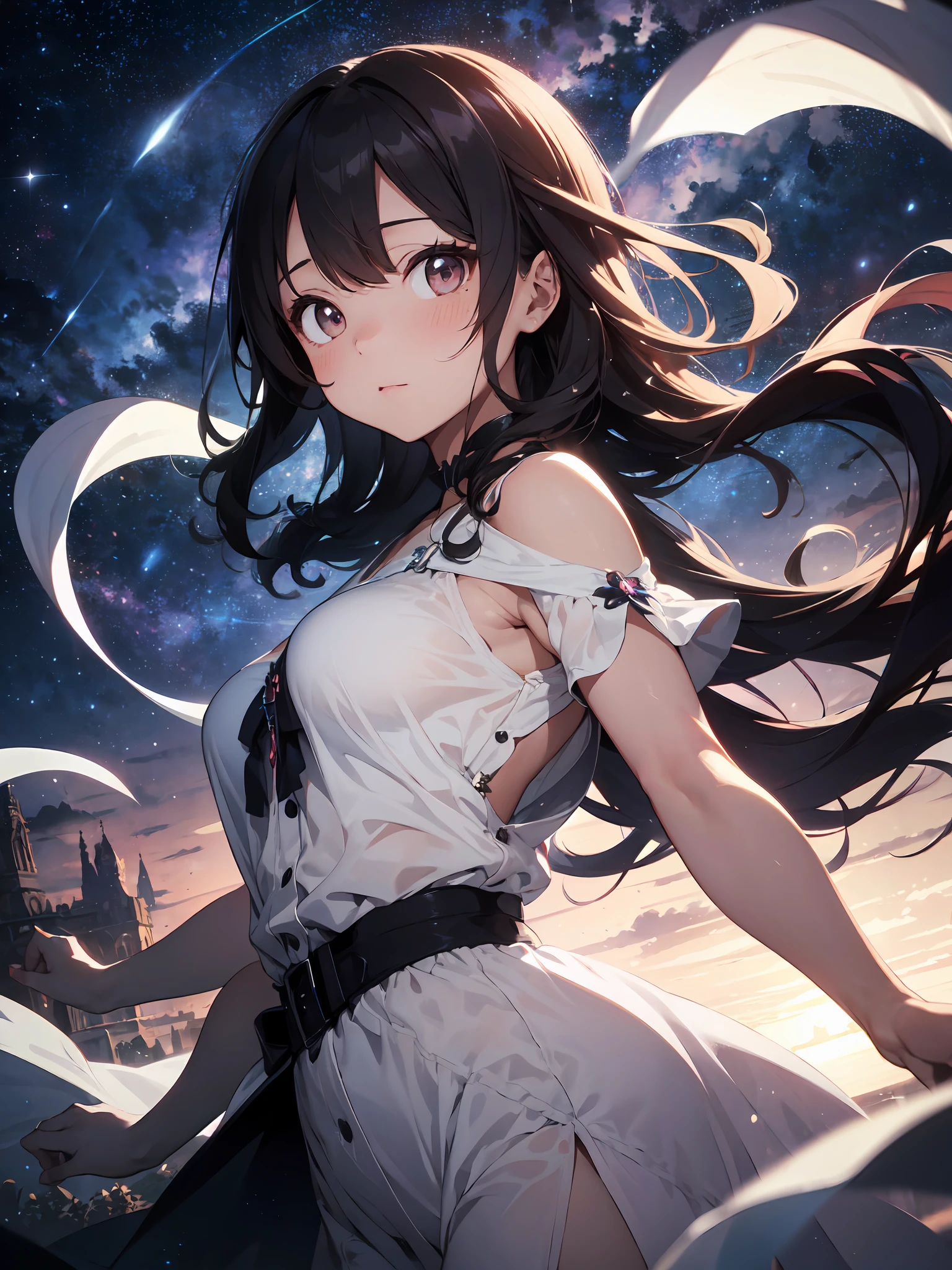 (masterpiece, ultra-detailed, high contrast, high resolution, official illustration)
Photo of the upper body of a beautiful  with small breasts. She looks like the character Female Rover from the computer game Wuthering Waves. He has black hair and golden eyes.